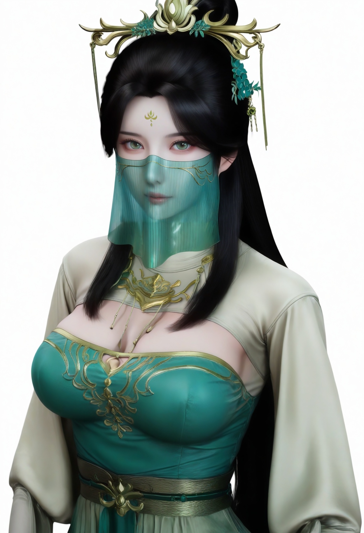 score_9,<lora:SF_YunMeng_Pony_Realism2.3-000003:0.7>,hair ornament,black hair,dress,long hair,1girl,breasts,large breasts,green dress,facial mark,forehead mark,clothes, hanfu,solo,veil, looking at viewer,white background,simple background,