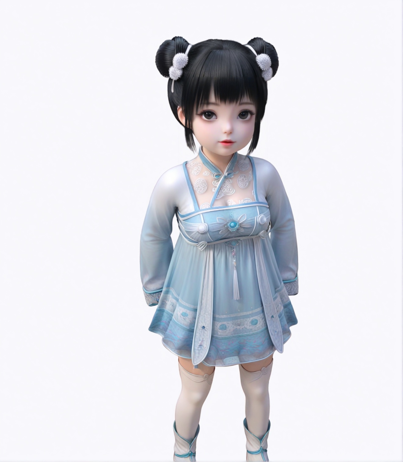 score_9,1girl,solo,child, hair ornament,dress,hair bun,double bun,breasts,large breasts,dress,lipstick,eyelashes,bangs,black eyes,long sleeves, black hair,looking at viewer,white background,simple background,full body,white boot,white thighhighs,<lora:SF_XiaoRuoXi_Pony_Realism2.3:0.72>,