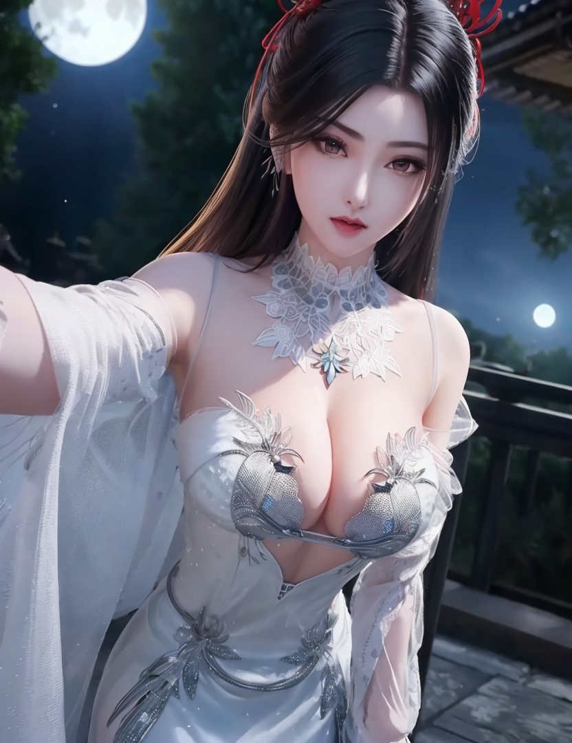 <lora:520-DA-诛仙CG-陆雪琪:0.8>(,1girl, ,best quality, ),looking at viewer,  ,,ultra detailed background,ultra detailed background,ultra realistic 8k cg, ,masterpiece, spider lily,full moon, (cleavage), (),