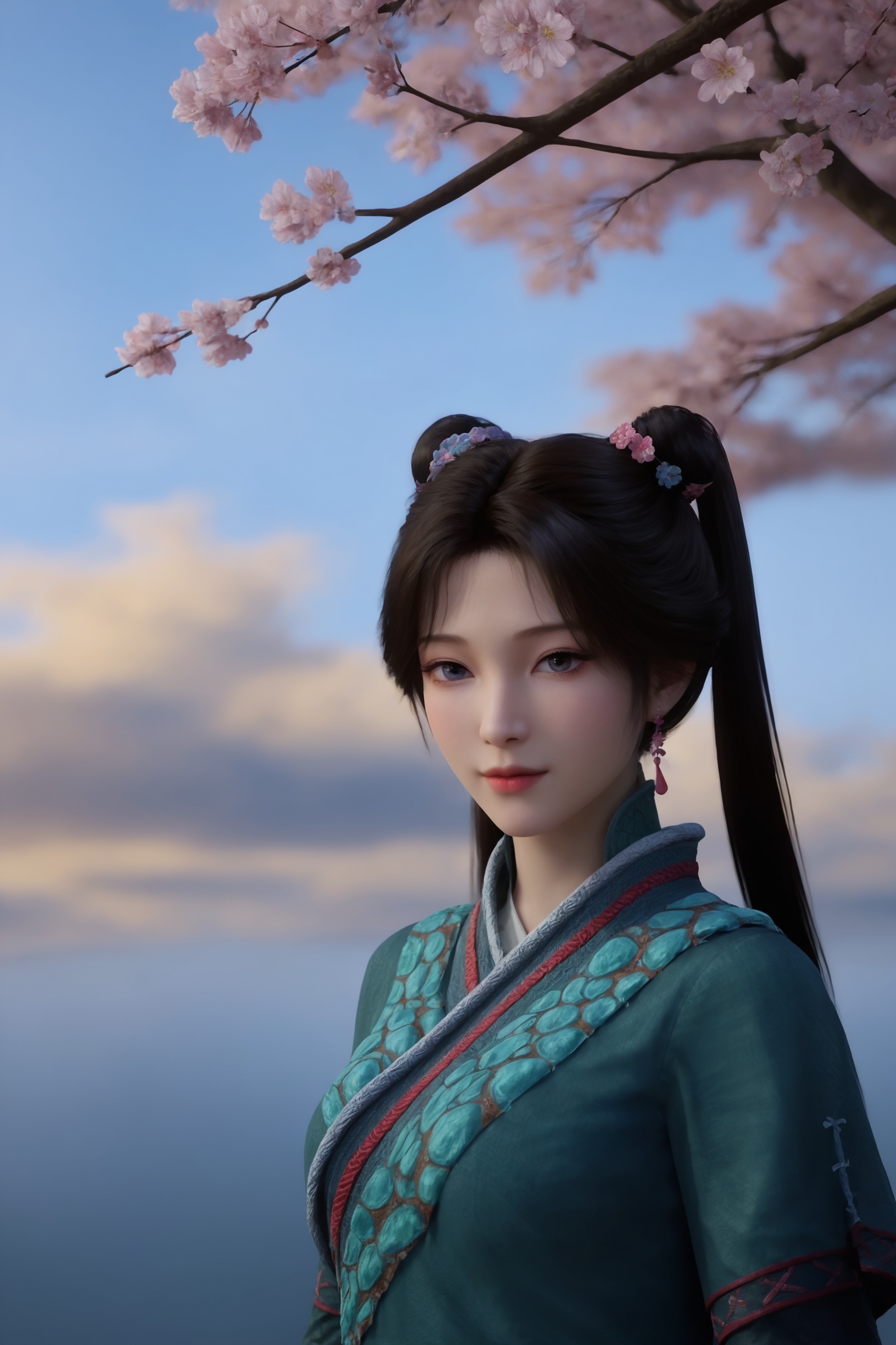 masterpiece,best quality,solo,1girl,upper body,petals,looking at viewer,moon,branch,cherry blossoms,flower,extreme aesthetic,(quasarcake:0.7),masterpiece,best quality,good quality,newest,very aesthetic,absurdres,A shot with tension,(Visual impact,giving the poster a dynamic and visually striking appearance:1.2),impactful picture,offcial art,colorful,splash of color,movie perspective,photo realistic,masterpiece,best quality,soft glow,skin texture,<lora:凡人-梅凝-天南大陆Pony:0.7>,1girl,long,straight black hair,two high ponytails,hairpins,traditional Chinese outfit,featuring a blue,high-collared tunic with intricate embroidery along the neckline and sleeves.,