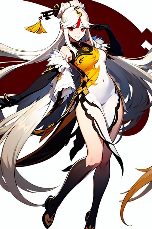 (masterpiece, best quality,top quality),[(white background:1.2)::5],(wide shot:0.95),Dynamic angle,(full body),<lora:GI_CVP-v15:1>,gicvp,1girl,solo,<lora:NingGuang:1>, red eyes,parted bangs,ningguang,hair ornament,full body,red eyes,elbow gloves,white hair,looking at viewer,chinese clothes,smile,china dress,black gloves,very long hair,hairpin,white dress,detached sleeves,bare shoulders,sidelocks,parted bangs,claw ring,frills,fur collar,thighs,standing,particle effects,