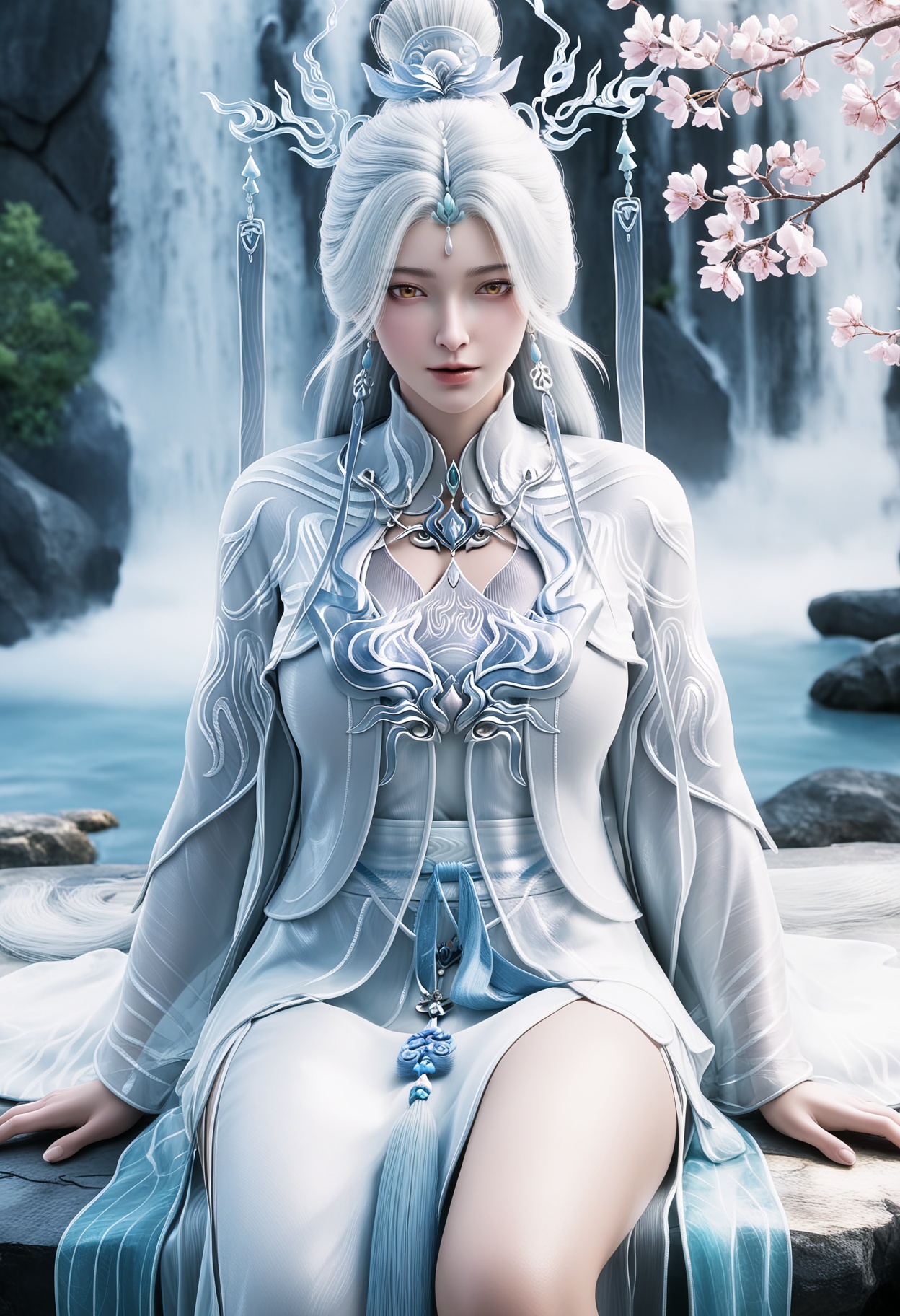 masterpiece,best quality,amazing quality,high resolution,ultra-detailed,absurdres,(looking at viewer:1.1),(moody lighting:1.1),waterfall,peach blossom,falling petals BREAK large breasts,jianma,1girl,solo,white hair,long hair,jewelry,hair ornament,earrings,realistic,dress,chinese clothes,hair bun,white dress,long sleeves,white eyelashes,yellow eyes,tassel,wide sleeves,barefoot BREAK photorealistic details,<lora:QQSilljianmaV1:0.8>,