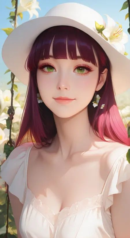 masterpiece,best quality,ultra-detailed,very aesthetic,depth of field,best lighting,detailed illustration,detailed background,beautiful face,beautiful eyes,soft lighting,bloom effect,detailed background,cute girl,smooth shading,glossy surfaces,subtle lighting,luster,high contrast,shiny skin,1girl,solo,blunt bangs,colors eyelashes,outdoors,frilly dresses,face focus,light smile,white hat,bird,swing,outside,looking at viewer,smile,alluring,flower branch,vine,lily flower,silhoutte,green eyes,flower luminescent,collarbone,[(by alphonse_\(white_datura\):1.3)|(by kana616:0.8)],[(by hen-tie:1.3)|(by kagami_\(galgamesion\):1.2)],(by kinokohime:1.2),(by yatsuha_\(hachiyoh\):0.8),, beautiful detailed eyes,highly detailed skin,extremely delicate and beautiful girls, best quality , masterpiece, illustration, an extremely delicate and beautiful, extremely detailed ,CG,unity,8k wallpaper, Amazing, finely detail, masterpiece, best quality,official art,extremely detailed CG unity 8k wallpaper,absurdres, incredibly absurdres, huge filesize , ultra-detailed, highres, extremely detailed,beautiful detailed girl, extremely detailed eyes and face, beautiful detailed eyes,, beautiful detailed eyes,highly detailed skin,extremely delicate and beautiful girls, (8k, best quality, masterpiece:1.2),(best quality:1.0), (ultra highres:1.0) ,absurdres,incredibly absurdres,huge filesize,ultra-detailed,highres,masterpiece,, best quality , masterpiece, illustration, an extremely delicate and beautiful, extremely detailed ,CG,unity,8k wallpaper, Amazing, finely detail, masterpiece, best quality,official art,extremely detailed CG unity 8k wallpaper,absurdres, incredibly absurdres, huge filesize , ultra-detailed, highres, extremely detailed,beautiful detailed girl, extremely detailed eyes and face, beautiful detailed eyes,