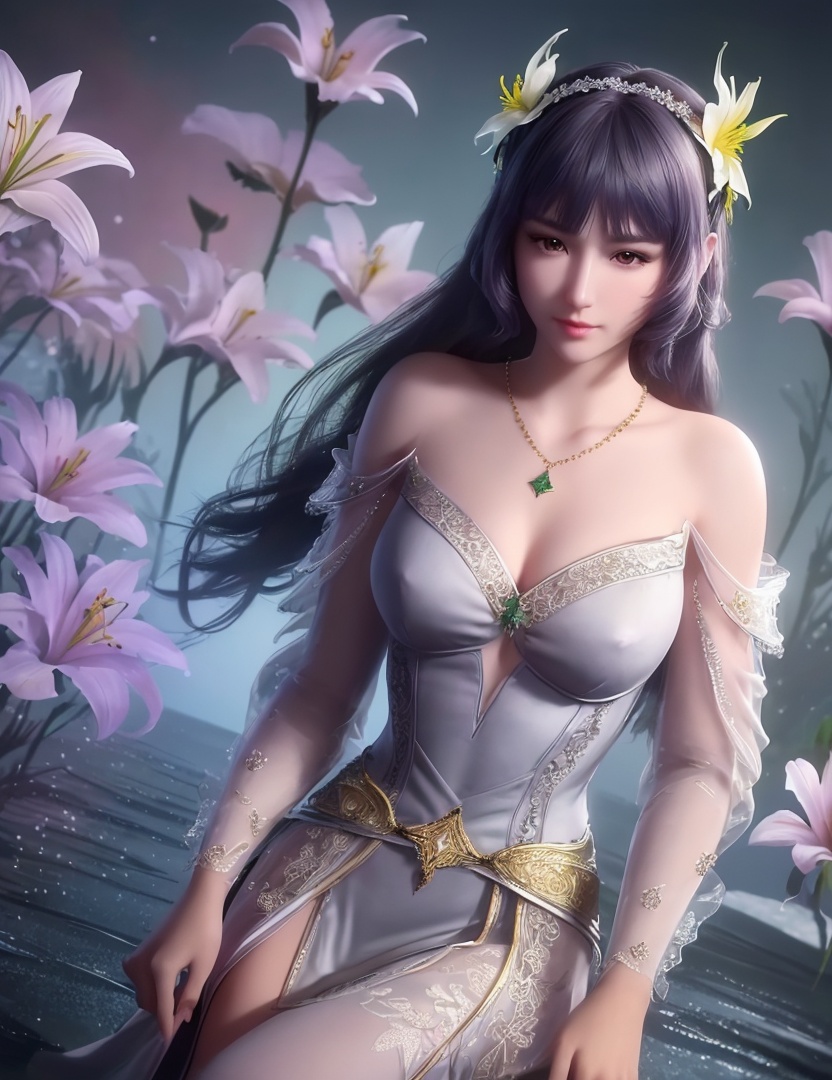 ultra realistic 8k cg, picture-perfect face, flawless, clean, masterpiece, professional artwork, famous artwork, cinematic lighting, cinematic bloom, perfect face, beautiful face, fantasy, dreamlike, unreal, science fiction,   lace, lace trim, lace-trimmed legwear,  (rich:1.4), prestige, luxury, jewelry, diamond, gold, pearl, gem, sapphire, ruby, emerald, intricate detail, delicate pattern, charming, alluring, seductive, erotic, enchanting, hair ornament, necklace, earrings, bracelet, armlet,halo((,1girl, pov,))  ((, 1girl, solo, star_\(symbol\),lily \(flower\),hair flower, dress, jewelry))<lora:DA_BaiChenXiang:0.6>