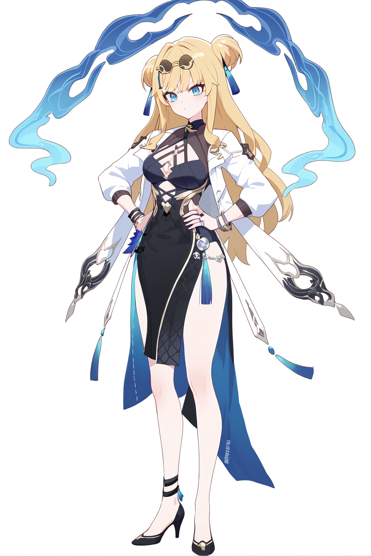 score_9, score_8_up, score_7_up, score_anime, 8k, best quality, masterpiece, (ultra-detailed), (white background:1.1), solo, hands on hip, (full body:1.1), <lora:songque-pony-Tanger:0.8>, songque, def clothes, youfang, 1girl, blonde hair, long hair, breasts, jewelry, double bun, blue eyes, ring, black skirt, high heels, white jacket, eyewear on head, sunglasses, 