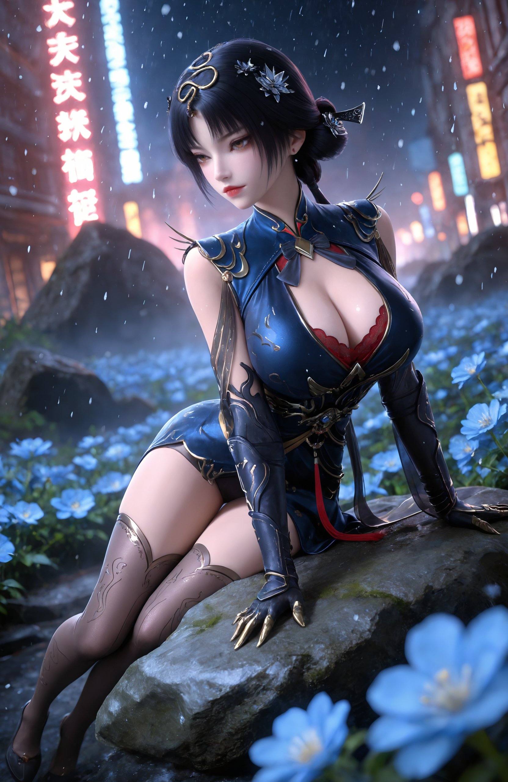 <lora:玄界之门-金小钗IL:0.7> 1girl, black hair, hair ornament, hair bun, red lips,brown eyes, chinese clothes, blue dress, cleavage cutout, cleavage, Huge breasts, elbow gloves,black thighhighs,black footwear, high heels,, realistic style photo,outstanding style,Use soft lighting to cast gentle shadows on the subject,adding a touch of dimension to your images without compromising details,whirls of vapor,(Anime:1.1),soft neon light,ethereal ambiance,delicate details,magical atmosphere,concept art,highly detailed,ultra-high resolution,32K UHD,sharp focus,best-quality,masterpiece,golden hour,unconventional supreme masterpiece,masterful details,temperate atmosphere,with a high-end texture,in the style of fashion photography,magazine style,Dynamic Angle,Dynamic posture,magazine style,Dynamic Angle,Dynamic posture,(cowboy_shot:1.2),eye trail,depth of field,cinematic lighting,lens flare,close-up,extreme aesthetic,(wlop:0.6),(honjou raita,lack,rella,wanke:0.5),masterpiece,best quality,good quality,newest,year 2025,very aesthetic,absurdres,Visual impact,A shot with tension,ultra-high resolution,32K UHD,sharp focus,best-quality,masterpiece,Emotionalization,unconventional supreme masterpiece,masterful details,temperate atmosphere,with a high-end texture,in the style of fashion photography,(Visual impact:1.2),giving the poster a dynamic and visually striking appearance,, ,snowing, rock,,blurry,sitting,full body,arm support,blue flower,snowflakes