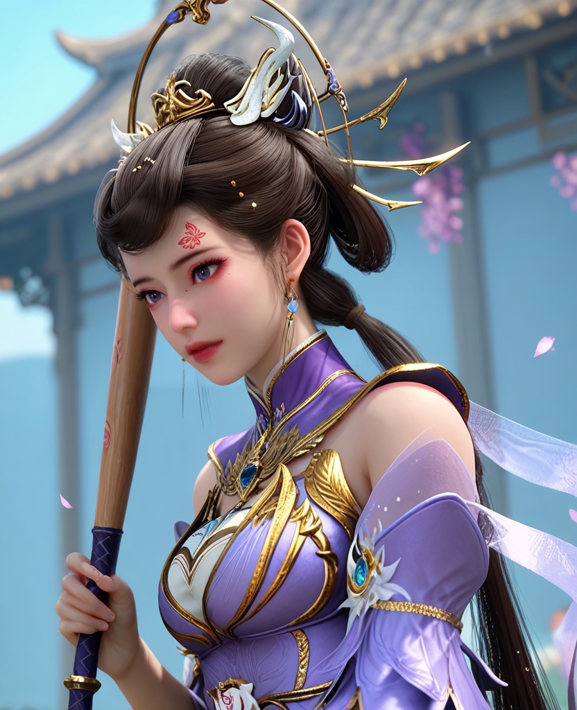 (oriental architecture, elegant decor, sophisticated style:1.1),(baseball hitter,baseball bat in hand,batting:1.1),(breasts:1.2),<lora:XL师兄啊狐狸精小兰:0.95>,miss xiaolan,purple tight dress,forehead butterfly mark,mole under right eye,black hair,twintails,hair bun,blue eyes,bare shoulders,earrings,jewelry,hair ornament,blue gemstone,detached sleeves,shawl,, score_9,score_8_up,score_7_up,score_6_up,score_5_up,score_4_up,3d rendering,tag1,tag2, Cinematic Lighting,backlighting,