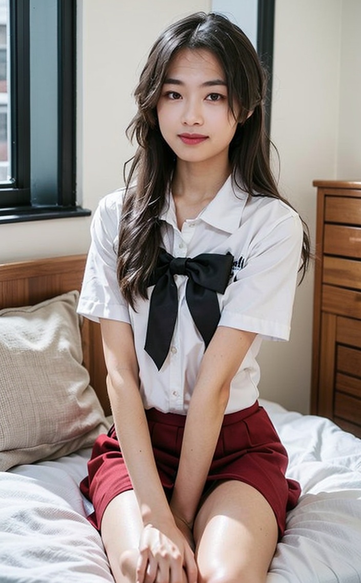 solo,pantyhose,school uniform,skirt,red skirt,sitting,long hair,window,1girl,serafuku,bow,short sleeves,indoors,sailor collar,red skirt,bangs,bowtie,shirt,looking at viewer,cosplay,white shirt,red bow,grey hair,smile,black pantyhose,on bed,pleated skirt,black hair,own hands together,feet out of frame,<lora:TUIBUXIJIE:lbw=INS>,sitting sideways,expressionless,
