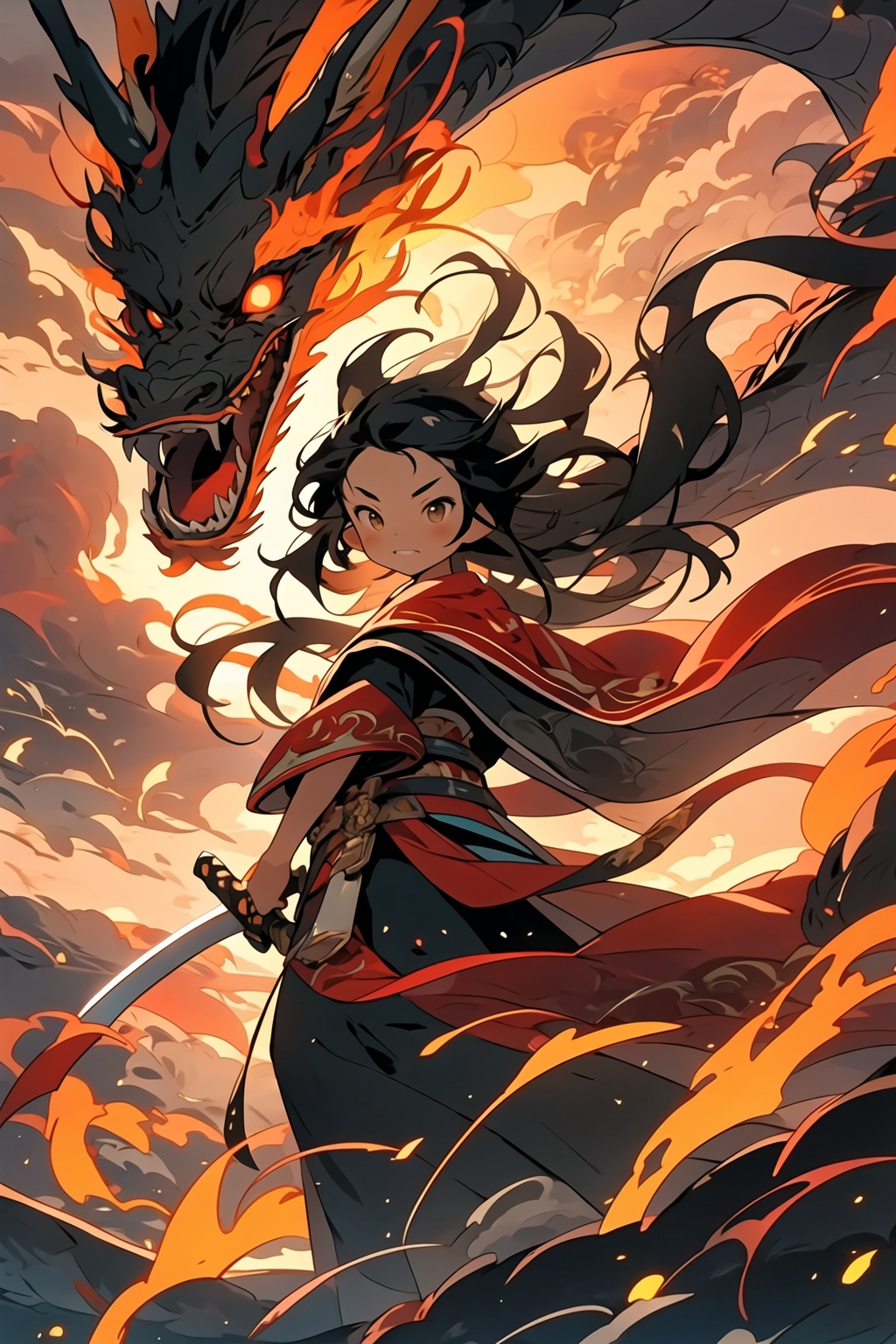 black hair, breathing fire, burning, cloud, dragon, embers, explosion, fire, flame, flaming sword, flaming weapon, long hair, molten rock, orange sky, smoke, sunset, sword, weapon