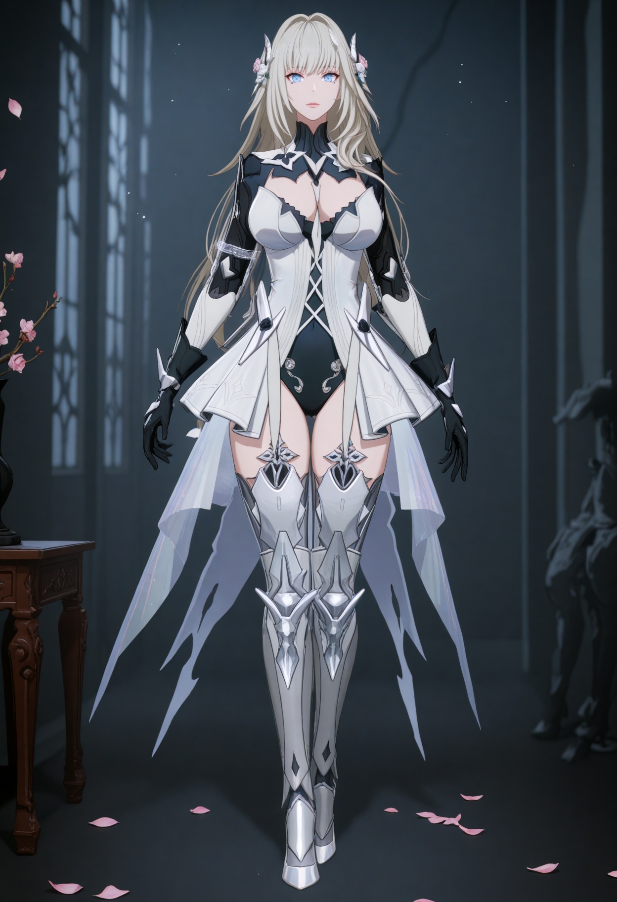 (full_body:1.1),(gigantic breasts:0.6),(slender:1.3),(looking_at_viewer:1.1),(masterpiece:1.1),(best quality:1.2),(intricate details),(smog:1.3),(Dark room:1.3),(dim lighting:1.3),peach blossom,falling petals,<lora:YQ_Illustrious光辉v5_战双帕弥什_比安卡深痕_拾梦白菀_V1:0.8>,q1528437228,1girl,solo,long hair,hair ornament,grey hair,dress,hair flower,white dress,blue eyes,gloves,black gloves,leotard,thighhighs,mechanical arms,boots,hair intakes,mole under eye,armor,armored boots,thigh boots,high heels,high heel boots,mechanical legs,showgirl skirt,bodysuit,white footwear,masterpiece,(best quality),(intricate details:0.9) BREAK (intricate details:0.9),(realistic skin:1.2),masterpiece,best quality,newest,absurdres,hiahres,