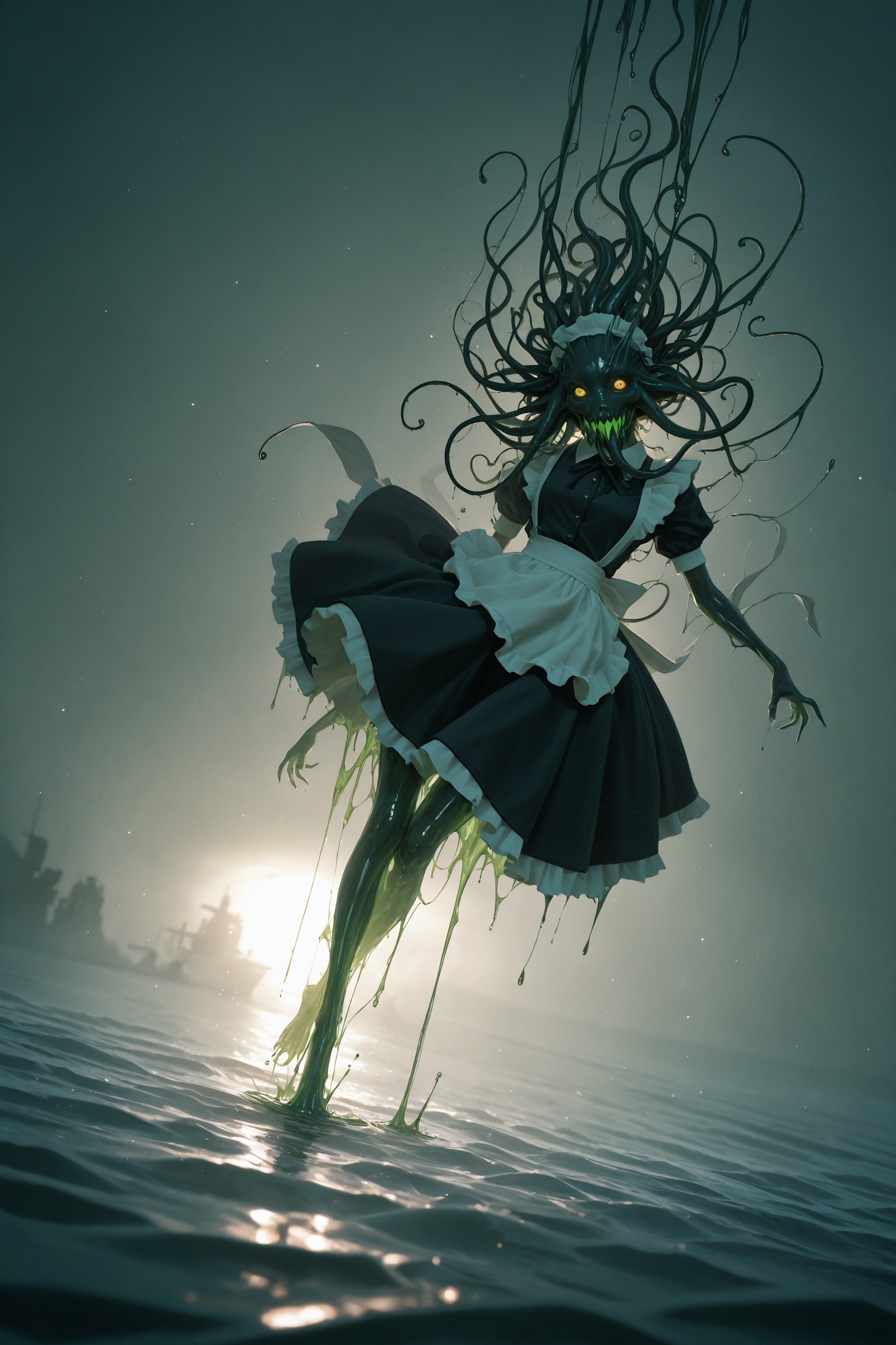 masterpiece,best quality,amazing quality,very aesthetic,absurdres,newest,in the style of fashion photography,light particles,cinematic lighting,Visual impact,sharp focus,Emotionalization,depth of field,dynamic pose,dutch angle,extreme aesthetic,scenery,cthulhu,maid,a gloomy scene,weird,chaotic scene,halluci,ocean,the body seeps a lot of strange liquid,weird liquid,dunk liquid,dim,heavy fog,thick fog,liquid nitrogen,white fog,