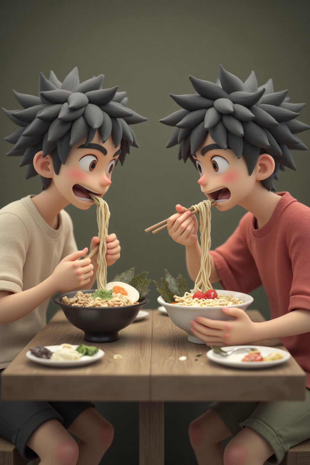 beijihui,two rivals eating ramen side by side, competitive mood 