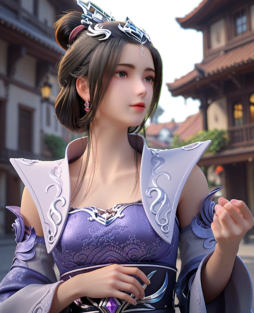 (oriental architecture, elegant decor, sophisticated style:1.1),Standing, hand touching the chin, looking thoughtful,,(breasts:1.2),<lora:XL完美世界云梦岚>,miss yunmenglan,solo,blue dress,white vest,blue eyes,hair ornament,black hair,hanging hair,hair bun,earrings,sash,detached sleeves,lips,clothing patterns,, zPDXL2, score_9, score_8_up, score_7_up BREAK realistic, masterpiece,best quality, highly detailed,, zPDXL3, zPDXL2,zPDXL, zPDXLxxx, zPDXLrl,