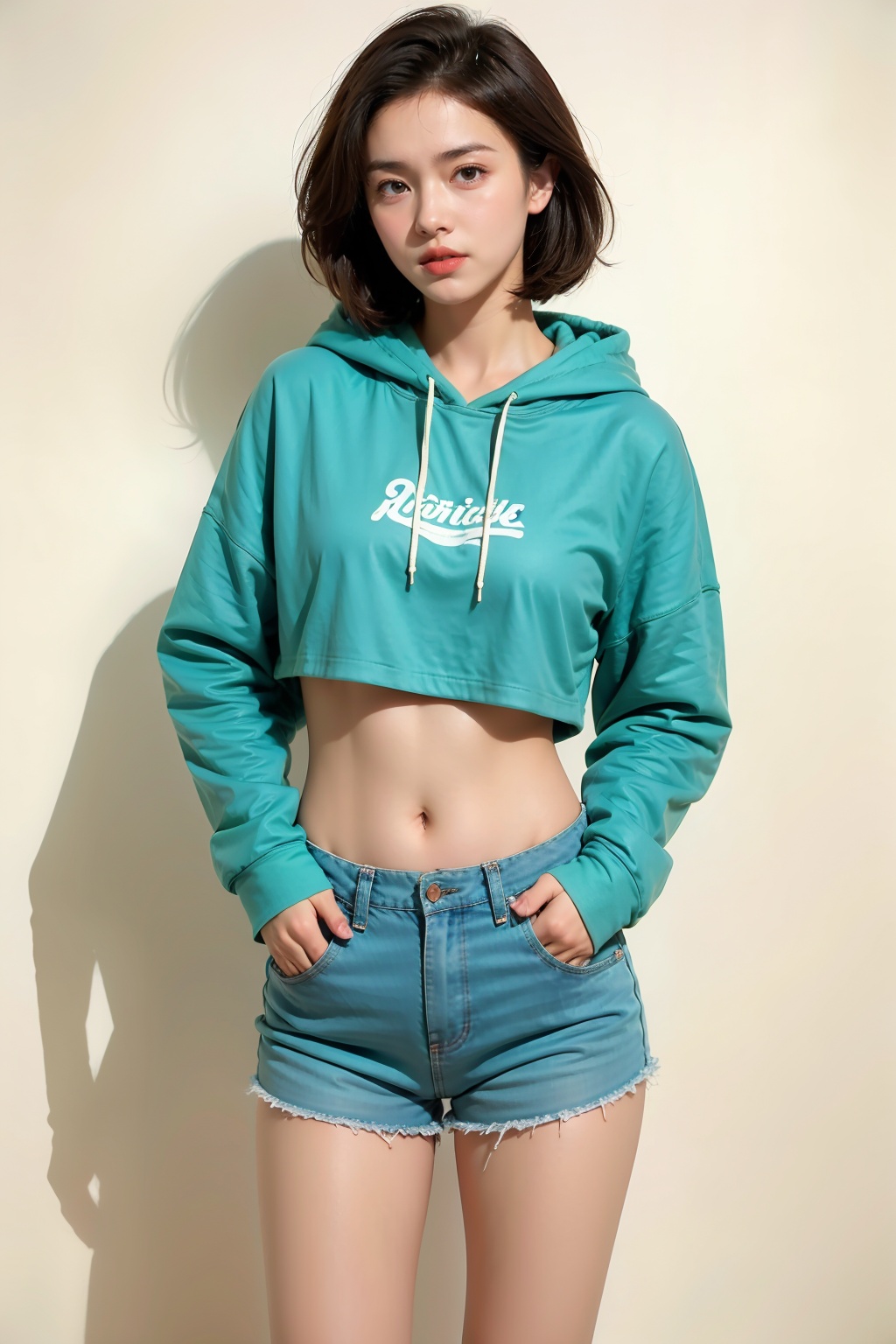 ss, hoodie, 1girl, solo, hood, shorts, navel, denim, realistic, midriff, brown hair, cutoffs, denim shorts, brown eyes, short hair, looking at viewer, short shorts, standing, hands in pockets, hood down, long sleeves, crop top, lips, drawstring, parted lips, shadow, cowboy shot, simple background, stomach, green hoodie, sleeves past wrists<lora:卫衣帽衫:0.7>,
