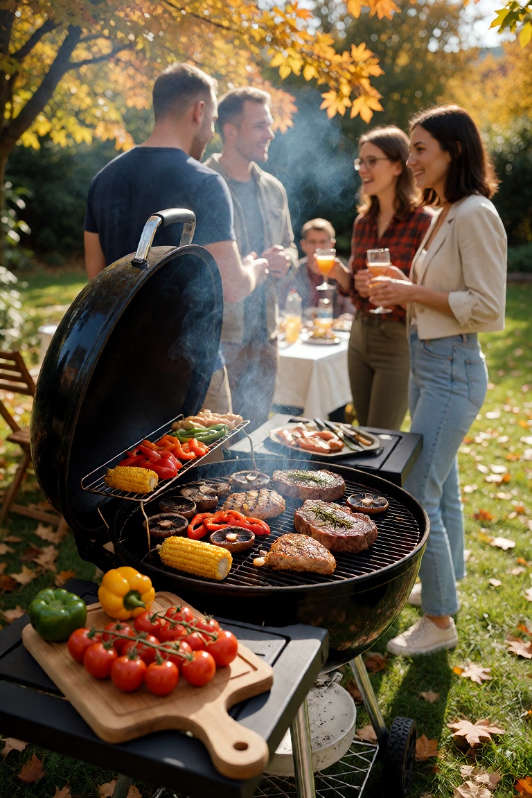 A vibrant outdoor backyard barbecue scene bathed in golden late afternoon sunlight filtering through autumnal trees with w...