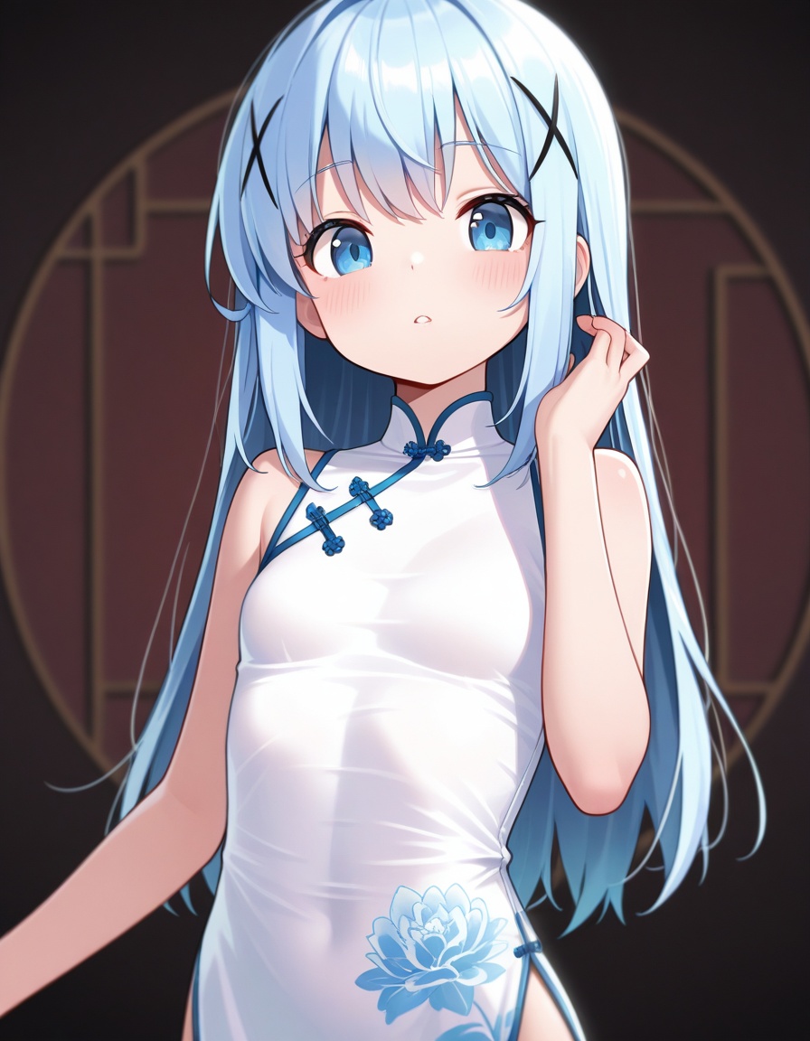 masterpiece,best quality,amazing quality,,xiangfengzhinai,1girl,solo,looking at viewer,long hair,blue hair,cheongsam,upper body,standing<lora:kafuu_chino50xllokr:1>