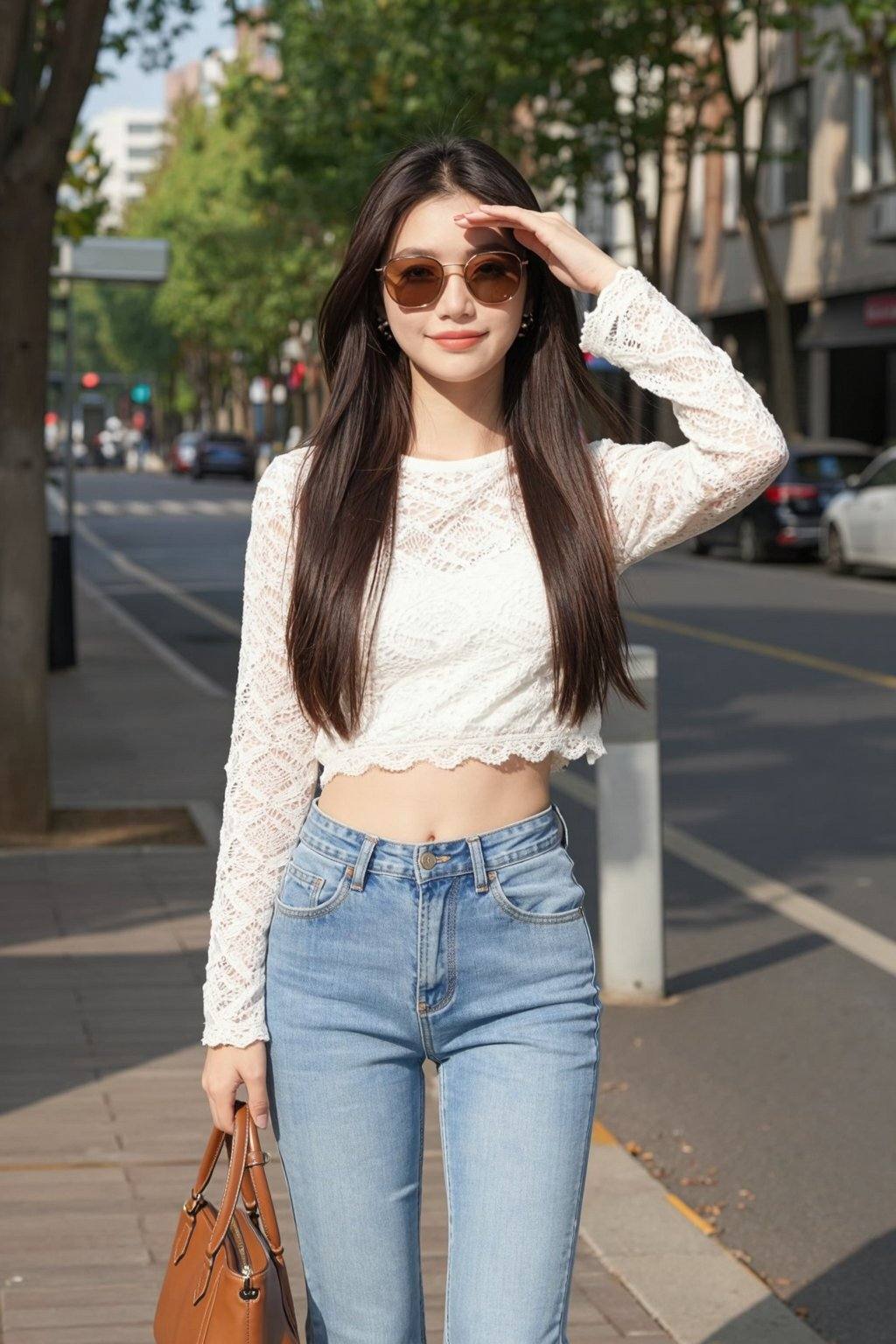 Photograph of a slim, fair-skinned Asian woman with long, straight dark hair, wearing a white, lace, long-sleeve crop top and high-waisted, light blue jeans. She holds a brown handbag and shades her eyes from the sun. The background features a sunlit urban street with trees, parked cars, and buildings. The woman stands on the sidewalk, smiling softly, exuding a casual, stylish vibe.