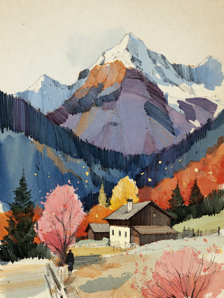 Bradhamel art style.The image depicts a mountainous landscape with vibrant autumnal trees in the foreground and midground,...
