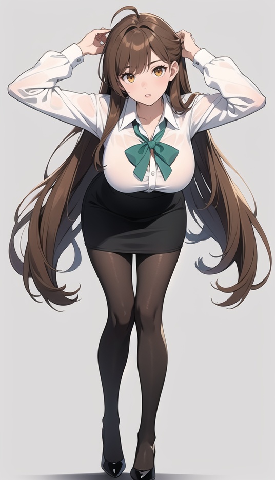 (best quality), ((masterpiece)), (highres), illustration, original, extremely detailed,1girl, solo, shirt, skirt, long hair, pencil skirt, breasts, pantyhose, full body, white background, white shirt, arms up, black footwear, black skirt, knees together feet apart, large breasts, simple background, long sleeves, collared shirt, looking at viewer, ahoge, parted lips, drill hair, very long hair, taut clothes, dress shirt, bow, miniskirt, bangs, high heels, neck ribbon, ribbon, black pantyhose, office lady, bowtie, standing, green ribbon, shoes, green bow, shirt tucked in, brown eyes, leaning forward, drill locks, orange eyes, sidelocks, light brown hair, yellow eyes