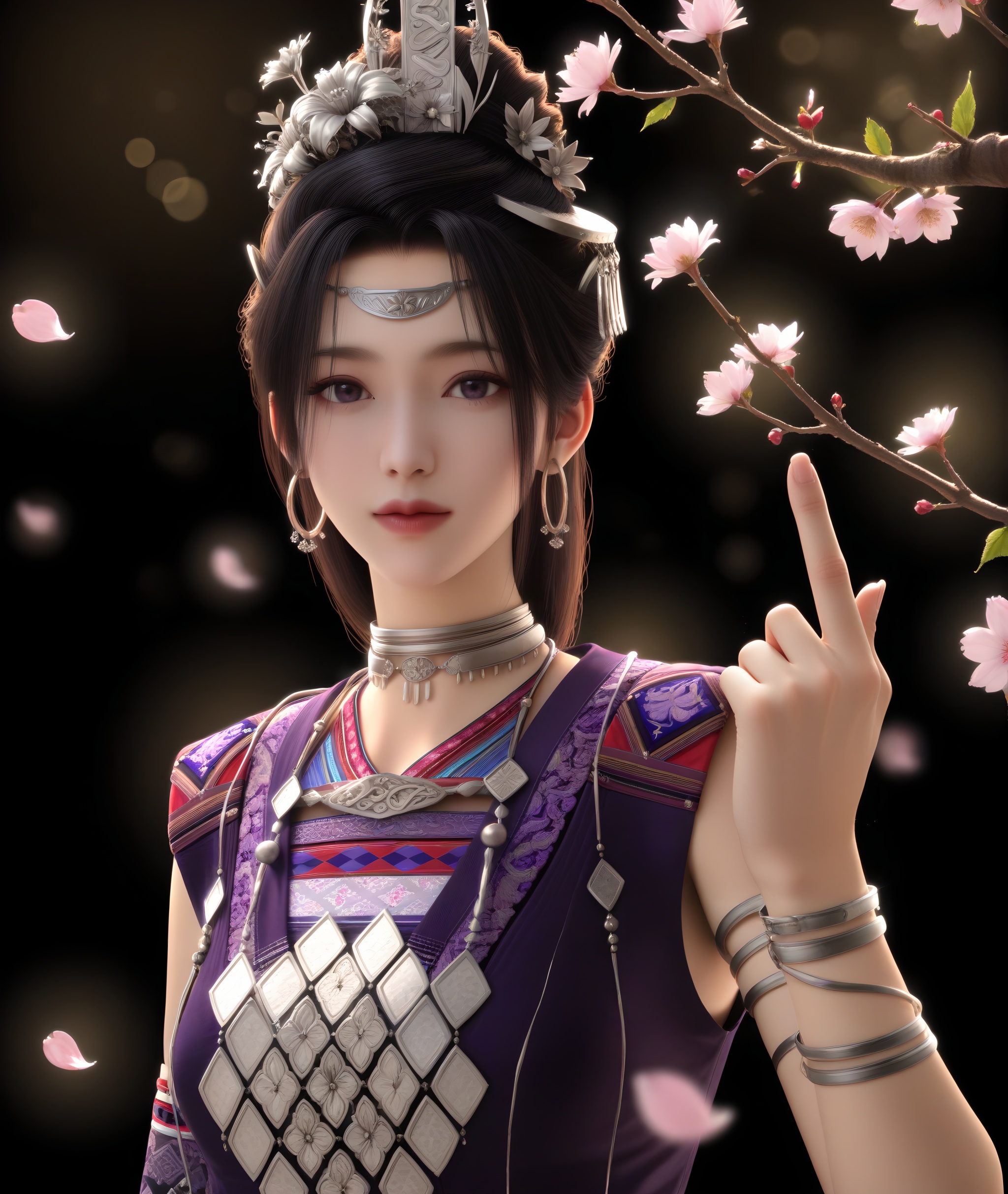 masterpiece,best quality,absurdres,highres,<lora:紫萱-ill-000009:0.83>,1girl,solo,long hair,black hair,hair ornament,jewelry,hoop earrings,circle,hair flower,tiara,zixuan,choker,silver choker,necklace,purple dress,elbow gloves,armlet,bracelet,single elbow gloves,collarbone,(middle_finger:1.1),looking at viewer,(front view),upper body,BREAKtwig,branch,falling petals,simple background,black background,rim light,Volumetric Lighting,lens flare,Tyndall effect,depth of field,bokeh,sparkle,
