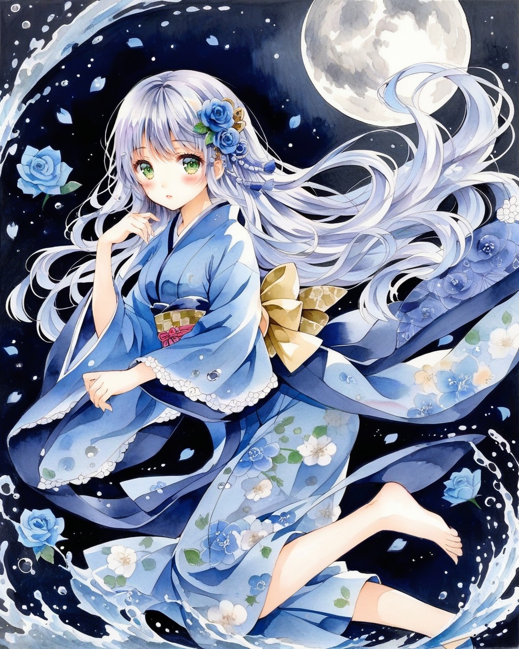 Girl, solo, long hair, traditional media, barefoot, flower, Japanese clothing, green eyes, painting (mid), white hair, watercolor (mid), kimono, ruffles, side, side, black background, looking at the audience, blue flower, blush, wide sleeves, hair decoration, blue kimono, full body, ribbon, rose, very long hair, bubbles, moon, petals, long sleeves, wavy hair