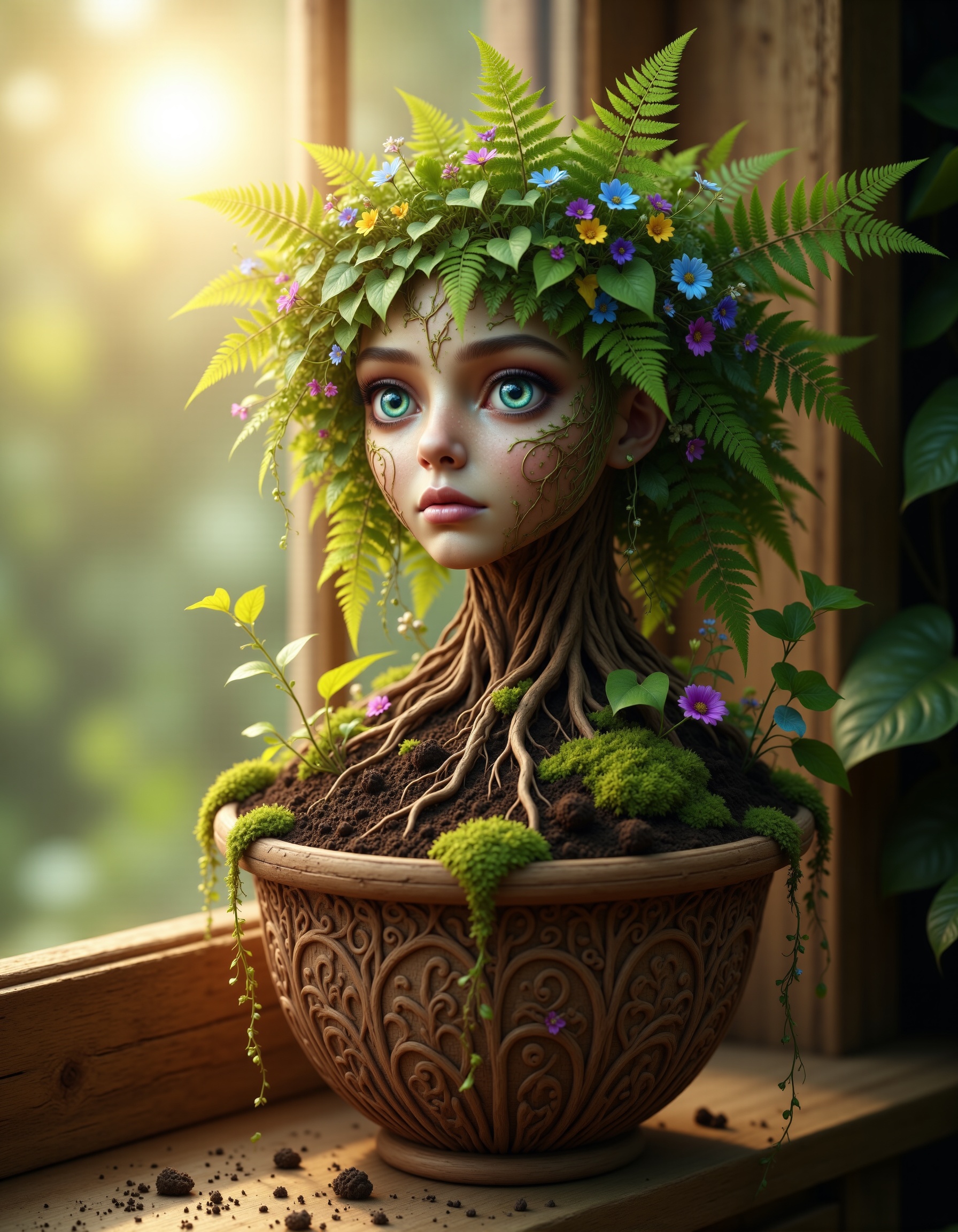 Intimate cozy close-up of a tiny room dryad growing from rich dark soil contained strictly inside an ornate vintage terrac...