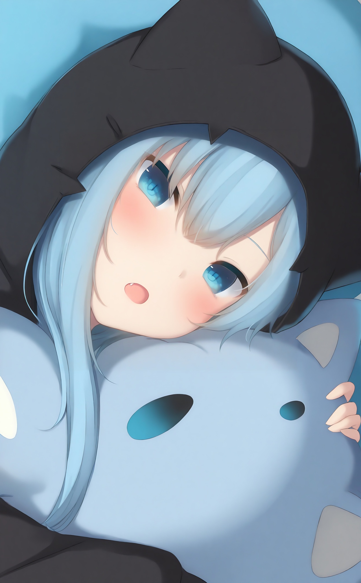 masterpiece,absurdres,best quality,loli,petite,high quality,//,1girl, solo, hood, fang, blue_hair, blue_eyes, stuffed_cat, hair_between_eyes, black_hoodie, looking_at_viewer, open_mouth, hoodie, blush, stuffed_toy, hood_up, cat_hood, portrait, animal_hood, long_hair, stuffed_animal, :o, head_tilt, animal_ears, hugging_object, fake_animal_ears//,<lora:gancheng1214——【noob】hans:1>,