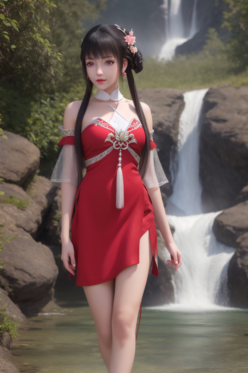 ultra realistic 8k cg,flawless,clean,masterpiece,professional artwork,famous artwork,perfect face,beautiful face,best quality,full_shot,absurdres,shenfengXiaoHuoLingEr,1girl,solo,dress,red dress,skirt,standing,blunt bangs,chinese clothes,detached collar,detached sleeves,hair bun,hair flower,halterneck,halterneck,sidelocks,torogao,smile,makeup,red lips,breasts,large breasts,jewelry,earrings,hair ornament,(outdoors:1.4),water,waterfall,butterfly,flower,long hair,realistic,looking at viewer,red footwear,<lora:shenfengXiaoHuoLingEr_20240106001948-000004:0.7>,