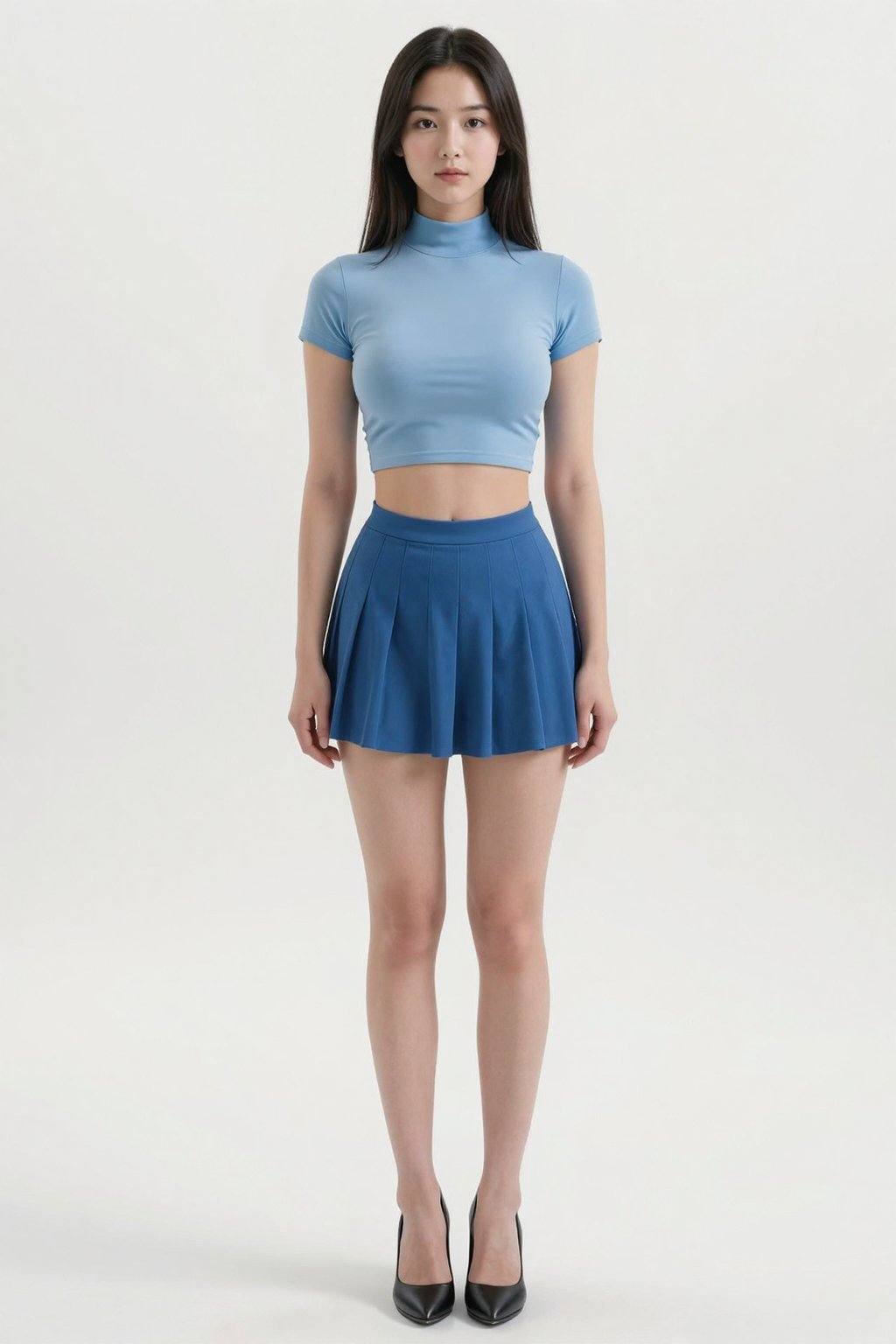 HDR photo of cinematic film still, large breasts, extremely slim waist, long legs, stand at attention, Long-distance full-body photo, A young woman. She has fair skin and long, straight, shoulder-length black hair. Her arms hang naturally at her sides. She wears a fitted, light blue short-sleeved high-necked crop top, paired with a blue pleated skirt, black high heels. The background is a clean, bright white.