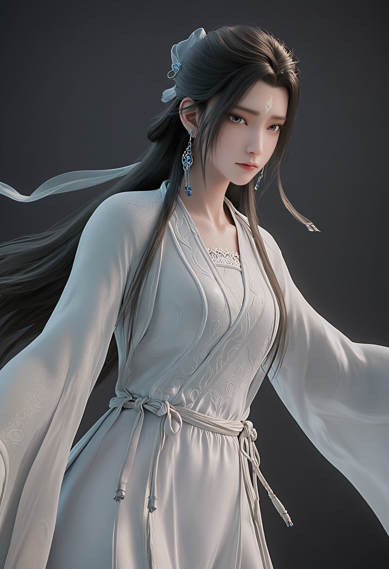 (upper_body:1.2),(looking at viewer:1.1),facing viewer,direct gaze,<lora:YQ_pony_luxueqi_fuzhuang4_V4:0.8>,1girl,solo,long hair,jewelry,black hair,earrings,forehead mark,brown hair,dress,hair ornament,chinese clothes,long sleeves,hair bun,white dress,wide sleeves,hanfu,shoes,half updo,purple eyes,robe,white robe,BREAK (white skin:1.1),(fair skin:1.1),(Ivory skin:1.1),(shiny skin),perfect anatomy,(simple background,pure black background,black background:1.1),