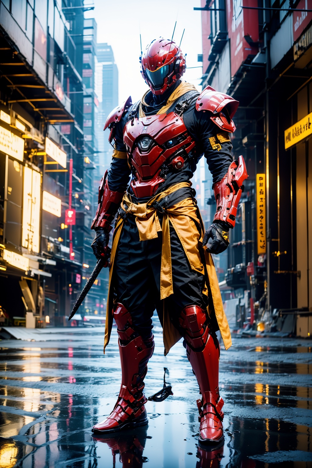 motor vehicle, armor, car, city, 1boy, solo, male focus, reflection, outdoors, science fiction, sword, weapon, standing, street, helmet, road, antennae, full armor, rain, building, full body, puddle, breastplate, glowing, shoulder armor, boots, sheath, tokusatsu, gauntlets, sheathed, cyberpunk, cityscape, power lines