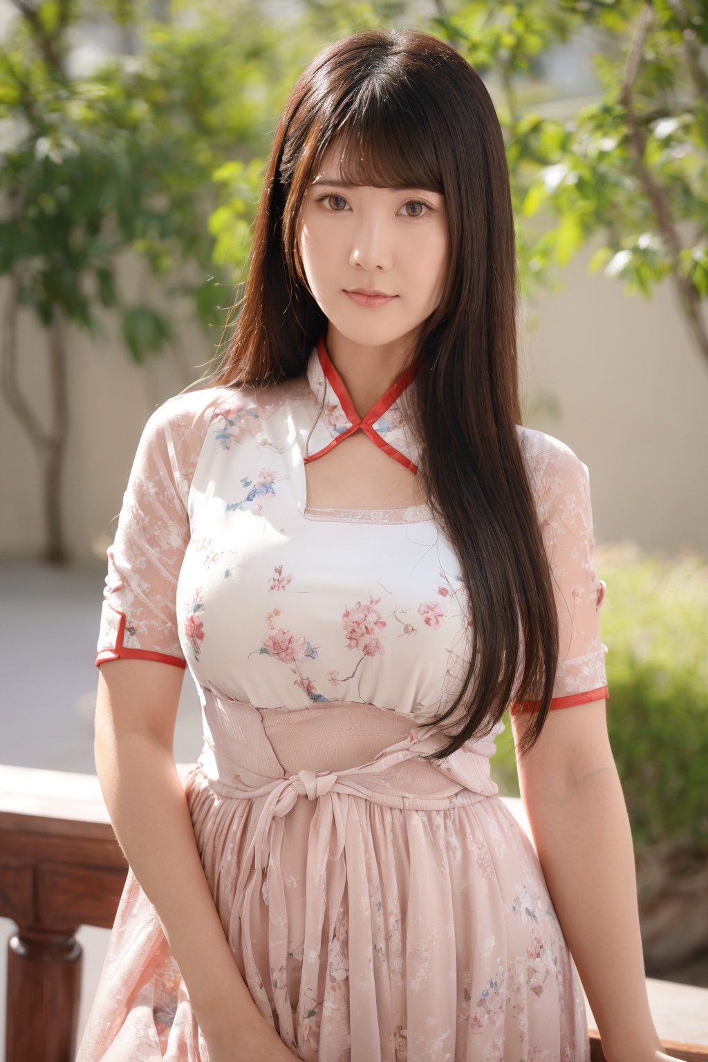 (global illumination, reality,ray tracing, HDR, unreal rendering, reasonable design, high detail, masterpiece,best quality, ultra high definition, movie lighting),1girl,outdoor,looking_at_viewer,side_blunt_bangs,china_dress,chinese_style,big breasts,pose,solo,1girl,black hair,black eyes,qipao,<lora:日本女优小鳥遊01:0.8>,