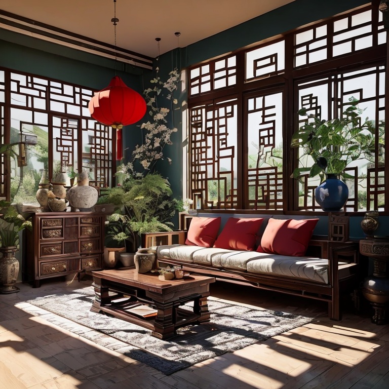 jianzhu, Chinese style, living room, wood, furniture, vase, painting, calligraphy, potted plant, sunlight, shadow, reflection, interior design, home decor, oriental, tranquility, simplicity, elegance, refinement, beauty, aesthetics, culture, tradition, history<lora:jianzhu-000009:0.8>