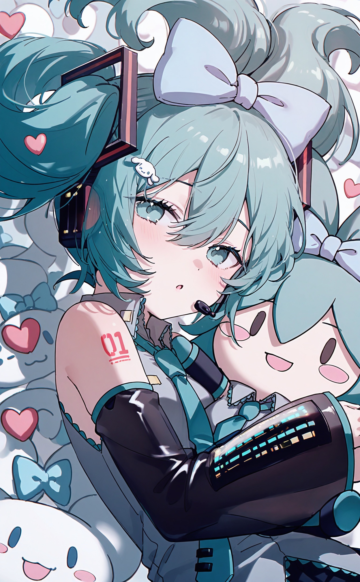 masterpiece,highres,absurdres,newest,best quality,high quality,loli,petite,chromatic_aberration,//,hatsune_miku, 1girl, solo, cinnamoroll, character_doll, bow, ?, shirt, hair_bow, necktie, looking_at_viewer, hair_ornament, detached_sleeves, aqua_necktie, heart, long_hair, aqua_eyes, number_tattoo, black_sleeves, sleeveless_shirt, bare_shoulders, aqua_hair, twintails, sleeveless, upper_body, blue_bow, hair_between_eyes, tattoo, skirt, hugging_object, :o, updo, fish_hair_ornament, holding_doll, miku_day, open_mouth, black_skirt, headset, heart_hair_ornament, arm_tattoo, grey_shirt, stuffed_toy, collared_shirt, blue_necktie, headphones, hugging_doll, parted_lips, belt//,<lora:konya_karasue3——【noob】hans:0.7>,
