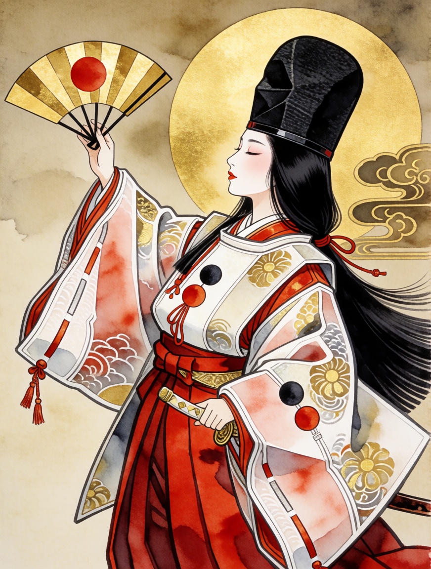 shirabyoshi,  An artistic,  anime-style digital watercolor illustration of a beautiful young woman dressed as a traditiona...