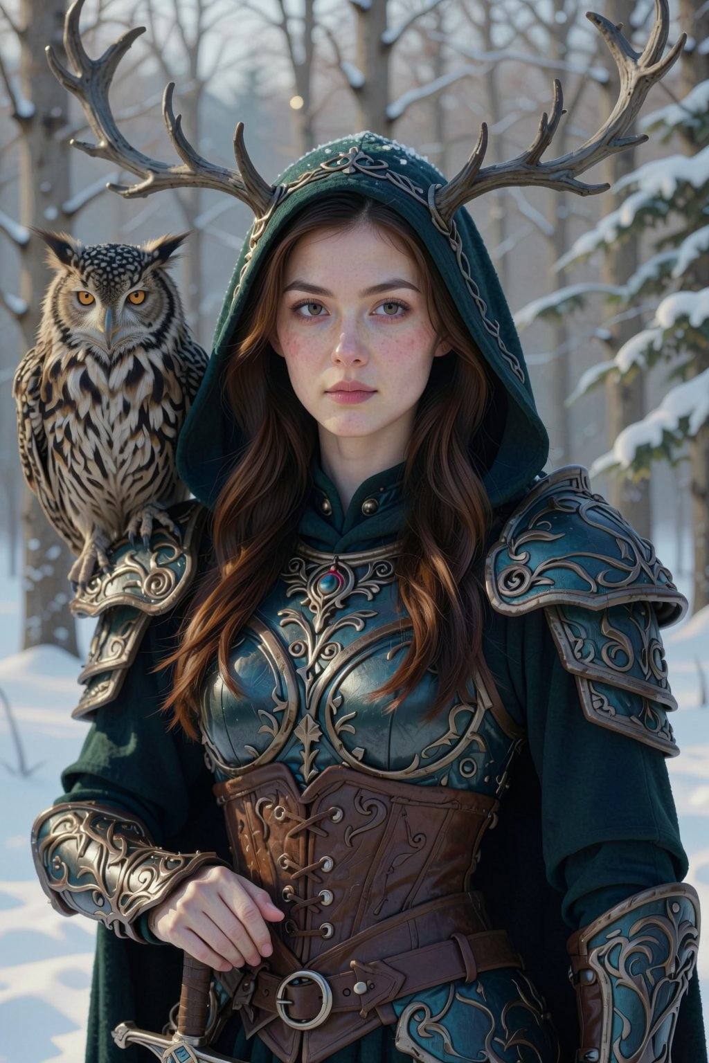 A young Caucasian woman with fair skin and long brown hair is depicted center frame,  standing in a snowy forest. She is w...