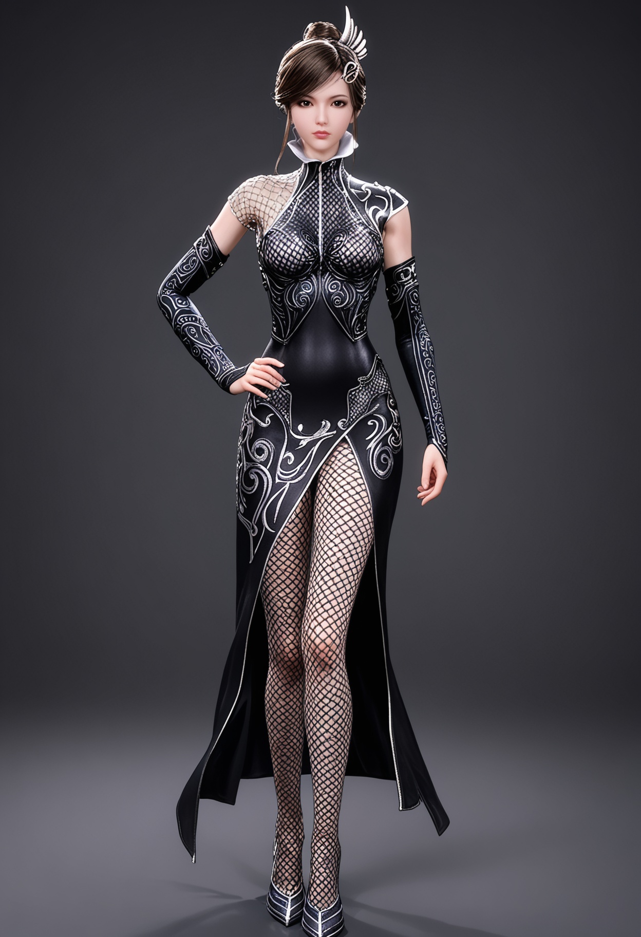 (standing full_body:1.1),(looking at viewer:1.1),facing viewer,direct gaze,<lora:YQ_pony_chudaijingni_V4:0.8>,q1528437228,1girl,solo,black hair,brown hair,hair ornament,lips,armor,fishnet pantyhose,black eyes,hair bun,brown eyes,high heels,dress,short hair,bodysuit,gloves,single hair bun,swept bangs,black dress,sidelocks,high collar,chainmail,detached sleeves,elbow gloves,bridal gauntlets,BREAK simple background,pure black background,black background,perfect anatomy,