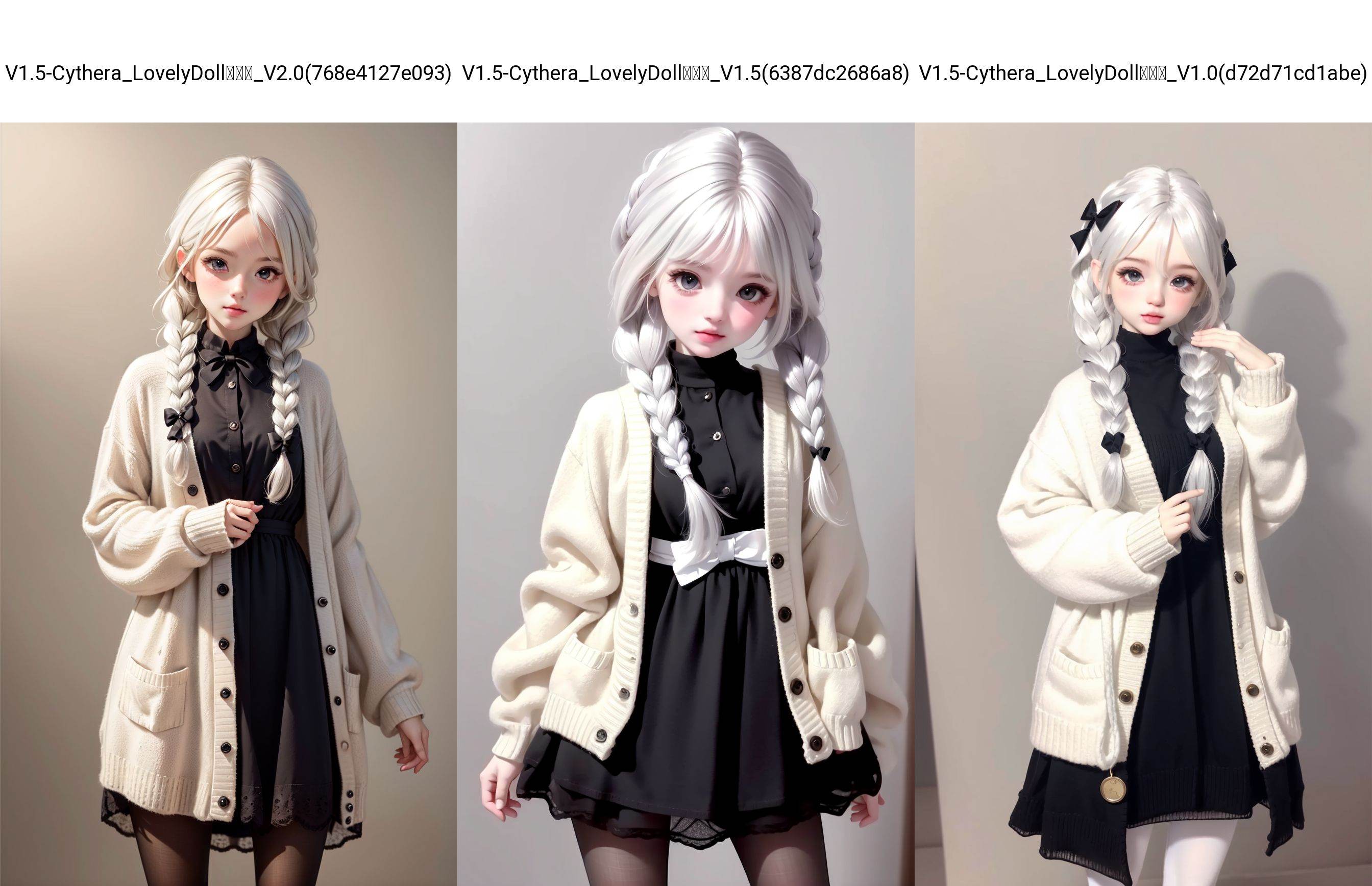 (Masterpiece:1.2), (best quality:1.2), (super high resolution:1.2), LovelyDoll, 1girl, solo, braid, twin braids, pantyhose, long hair, simple background, white hair, grey background, looking at viewer, dress, cardigan, white dress, black pantyhose, bow, sleeves past wrists, hair bow, realistic, hair over shoulder