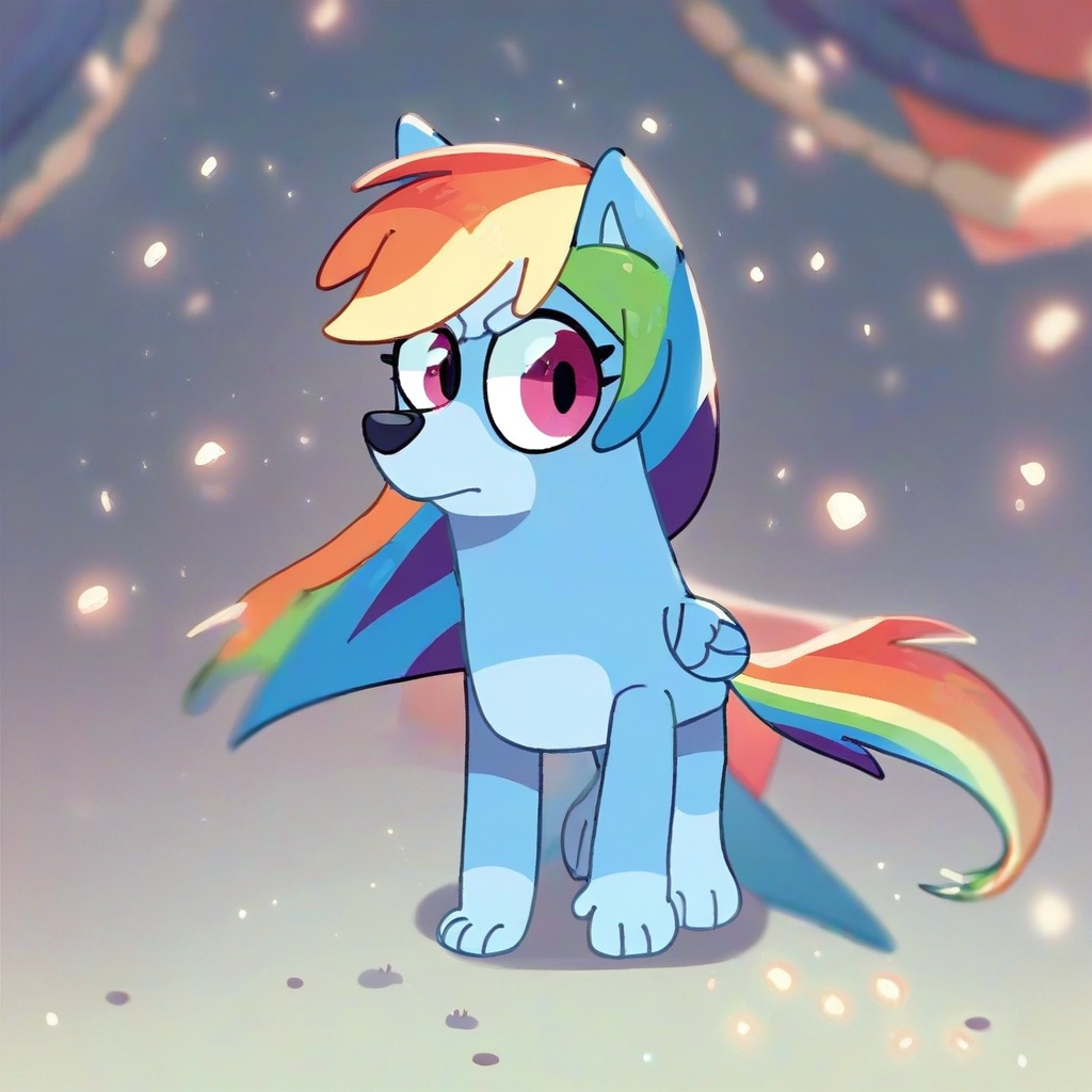 safe_pos, score_9, score_8_up, score_7_up, score_6_up, score_5_up, score_4_up, source_furry, hi res, blurred background, particles, solo, Rainbow Dash, looking at viewer, closed mouth, Bluey style