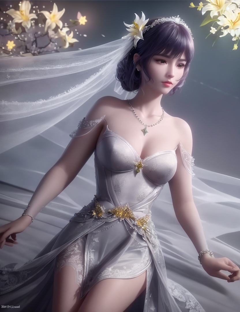 ultra realistic 8k cg, picture-perfect face, flawless, clean, masterpiece, professional artwork, famous artwork, cinematic lighting, cinematic bloom, perfect face, beautiful face, fantasy, dreamlike, unreal, science fiction,   lace, lace trim, lace-trimmed legwear,  (rich:1.4), prestige, luxury, jewelry, diamond, gold, pearl, gem, sapphire, ruby, emerald, intricate detail, delicate pattern, charming, alluring, seductive, erotic, enchanting, hair ornament, necklace, earrings, bracelet, armlet,halo((,1girl, pov,))  ((, 1girl, solo, star_\(symbol\),lily \(flower\),hair flower, wedding dress, jewelry))<lora:DA_BaiChenXiang:0.6>