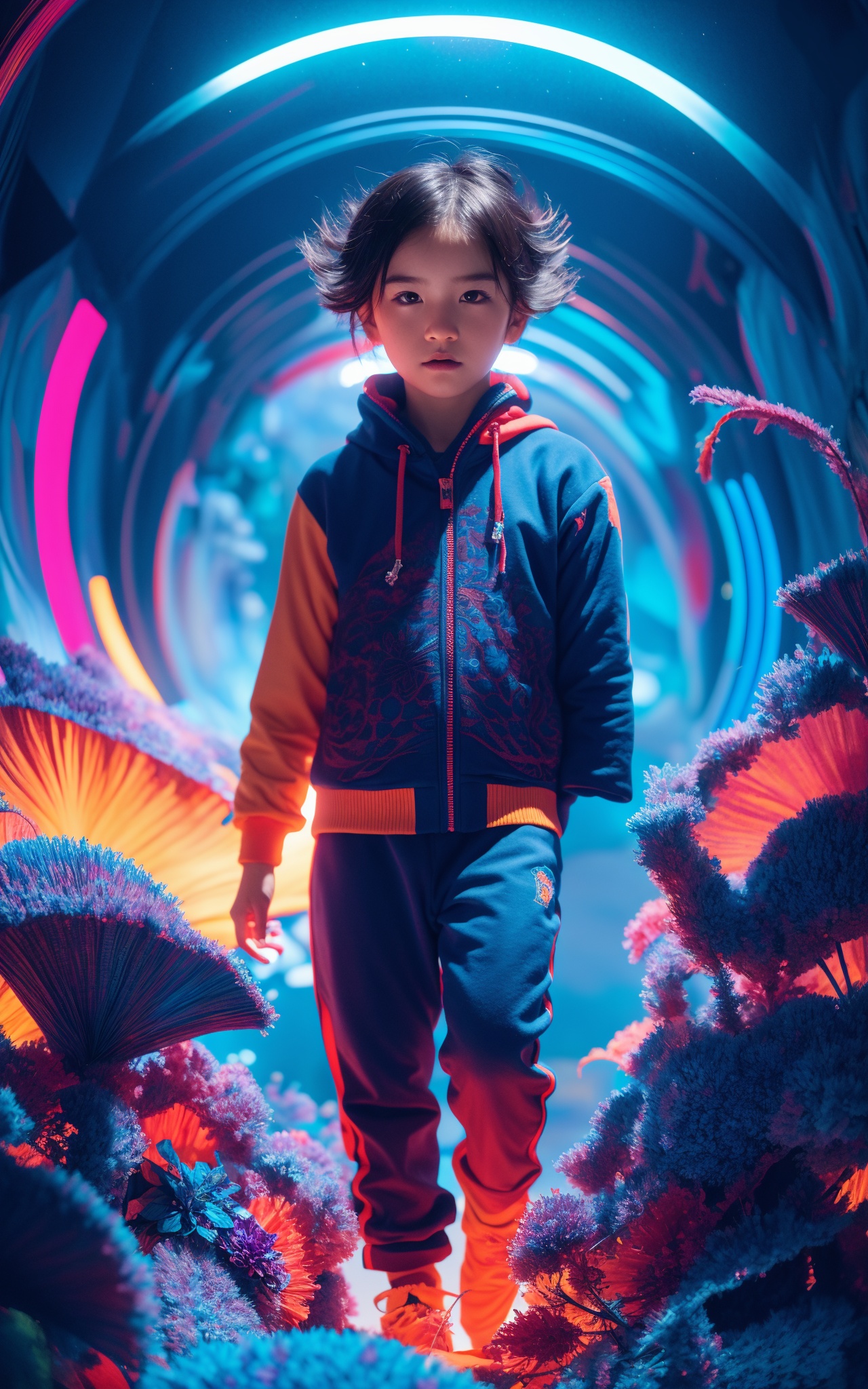(masterpiece, top quality, best quality, official art, beautiful and aesthetic:1.2) ,cover art,illustration minimalism, Gel lighting, hyperdetailed, Cutester Art, DayGlo blue color grading, rainbow swirl, waning light, High quality, rendered in autodesk 3ds max, Westernpunk, Single Color, arcane, Unsplash, (Newt:1.3) Running in a Laguna, it is Psychedelic Art, Colorful, opulent, electric blue palette, specular lighting, behance HD, Glitchcore, Cold Colors,"I'm just a kid and life is a nightmare.", Sosaku Hanga, Gradient and Crimson fractal art, geometric patterns, Anne Stokes, Cartelcore, Warm lighting