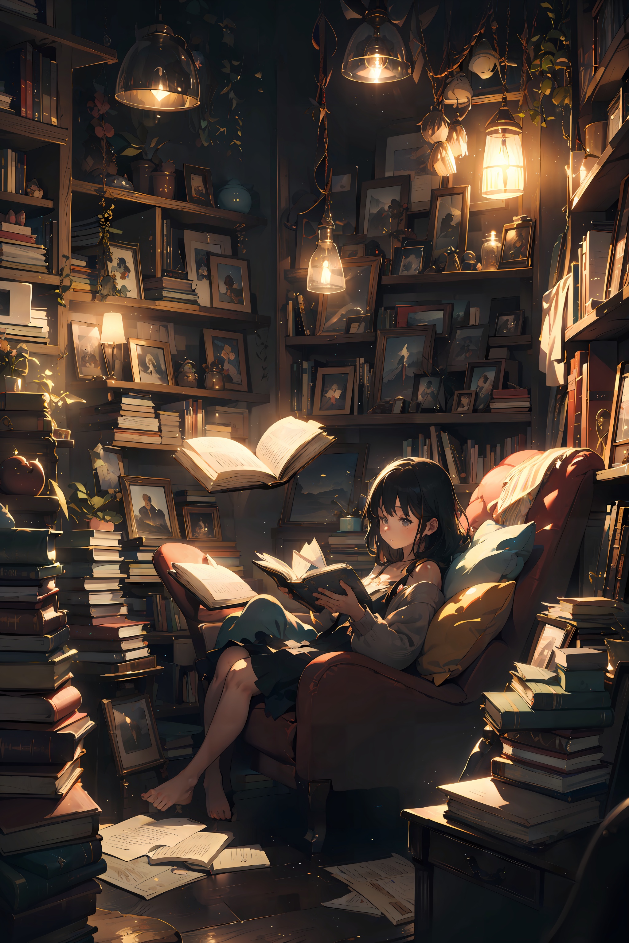 1girl,  relaxing,  Illustrate a cozy reading nook on Tensor.Art