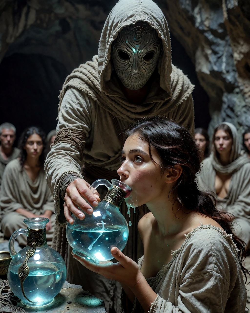 Film-style cinematic scene in dimly lit cave setting; high contrast lighting emphasizes glowing blue liquid within ornate...