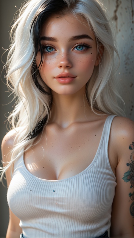 score_9, score_8_up, score_7_up, close-up,girl, dark photo studio flooded with pink and blue lights, (beautiful face, cute face, 18 years old), white hair with ash-black highlights, solo, [[freckles on face, freckles on chest, freckles on breasts]], (narrow waist, narrow hips:1.3), tight ribbed **** top, classic white cotton panties pulled to thighs, standing with one leg up on a platform, turning slightly to the side, seductive posture, long shadows on the wall,(Grunge:1.4)
