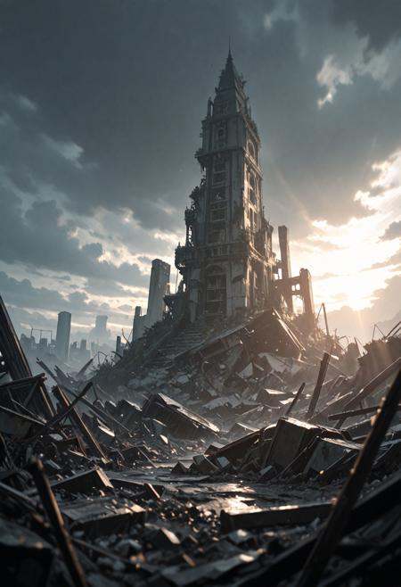 masterpiece, ultra-HD, very aesthetic, 8K, high detail, depth of field, score_9, score_8_up, perfect anatomy, landscape focus, best quality, absolutely eye-catching, ambient occlusion, amazing quality, best quality, detailed texture, detailed background, BREAK Overcast sky, ruins, wreckage, sunlight, Mottled, depth of field, wide-angle, dynamic angle