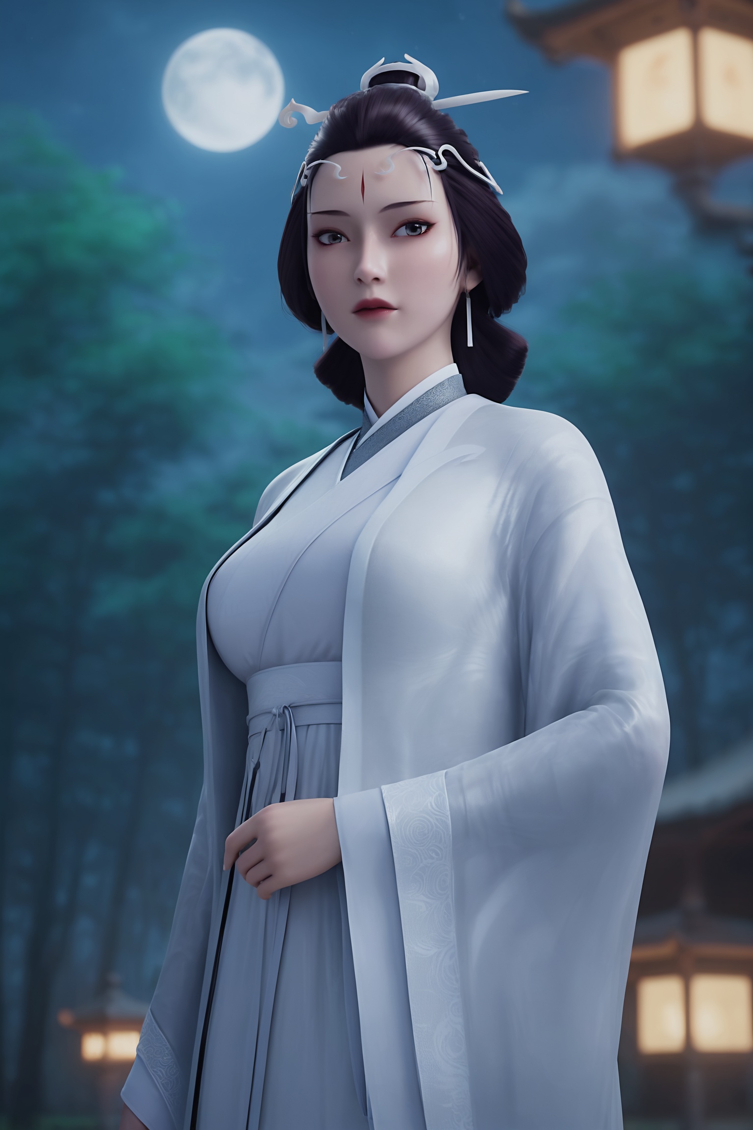 <lora:诛仙3-水月Pony:0.8>,1girl,traditional updo,flowing,two white,ornate hairpins,white headpiece,long,flowing white dress,intricate patterns,high collar,wide sleeves,loose sleeves.,, 1girl,solo,shiny,shiny_hair,upper_body,fair_skin,white_skin,shiny_skin,shiny,Ivory_skin,looking at viewer,cinematic lighting,volumetric lighting,solo focus,blurry background,depth of field,night,sky,night sky,full moon,moonlight,