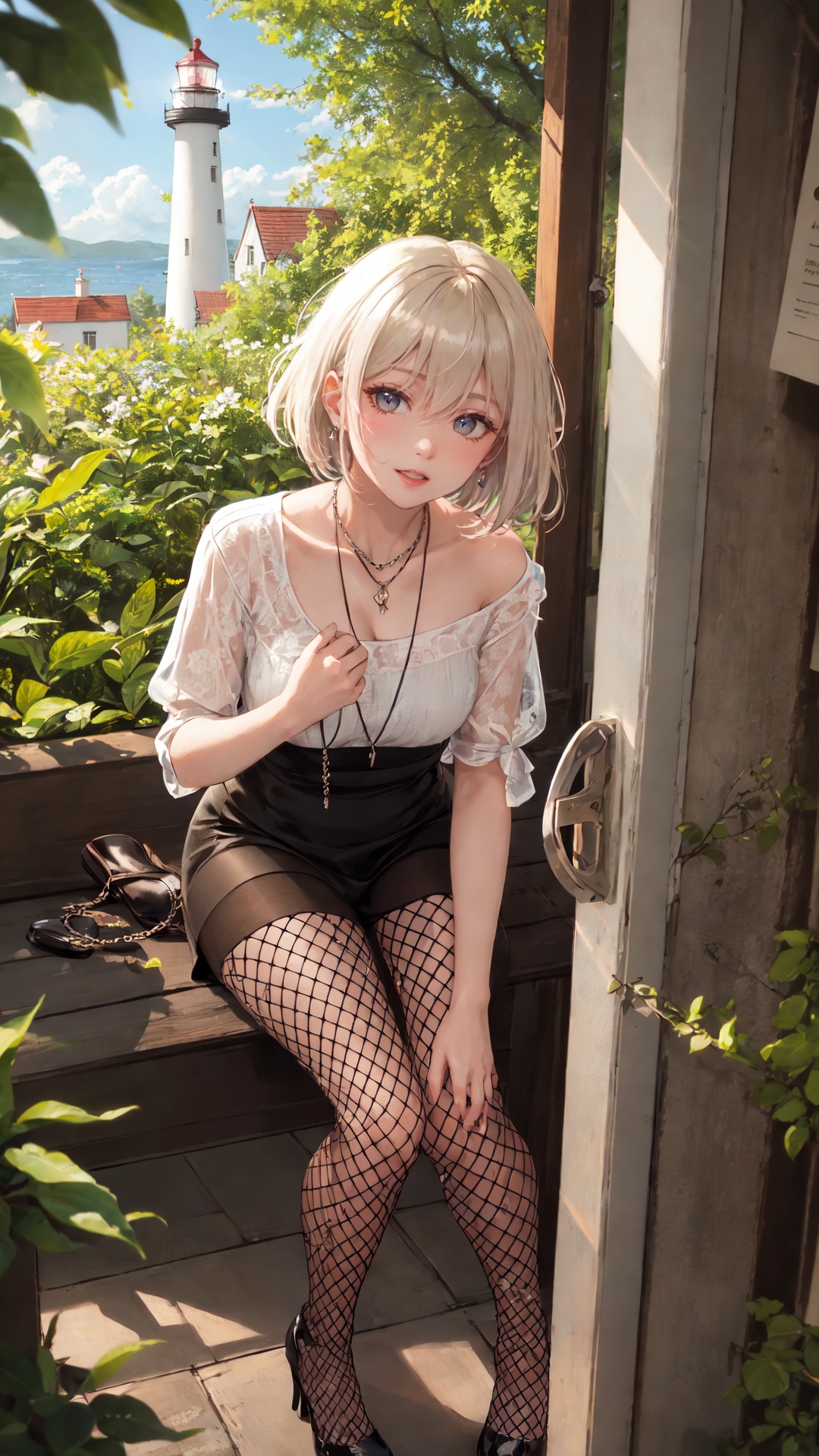fishnet  pantyhose,high heels,(masterpiece, best quality),1girl,collarbone,short hair,looking at viewer,blurry foreground,necklace,contemporary,platinum blonde hair,nature,animal,light smile,dappled sunlight,happy,lighthouse,closed mouth,looking up,<lora:merged_0013:0.6>,