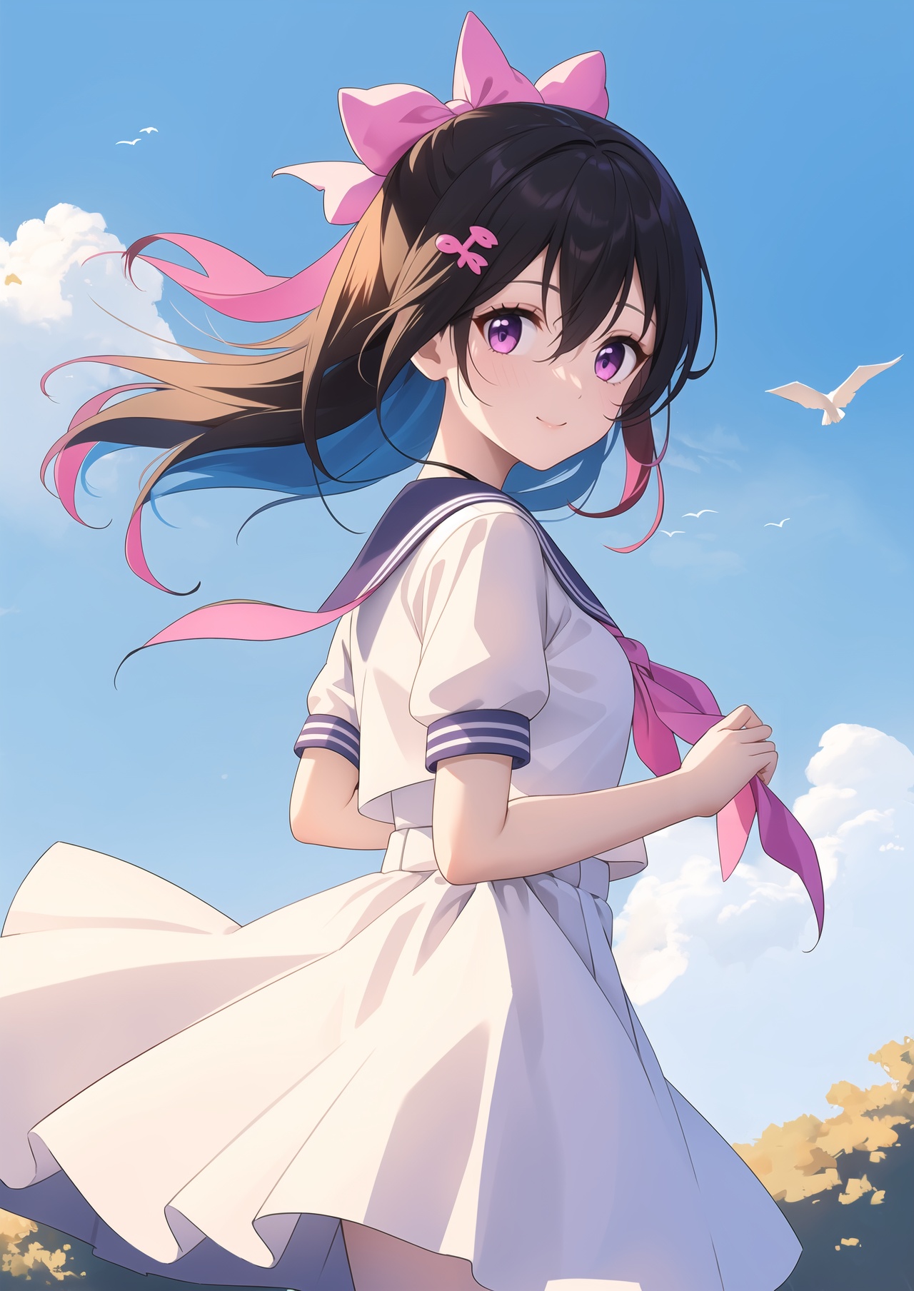 masterpiece,best quality,1girl,purple eyes,pink hair,multicolored hair,colored inner hair,solo,dress,long hair,looking at viewer,hair ornament,white dress,bird,streaked hair,smile,blush,sailor collar,neckerchief,outdoors,sky,short sleeves,closed mouth,black hair,blue sky,from side,hair between eyes,brown hair,cloud,hair bow,