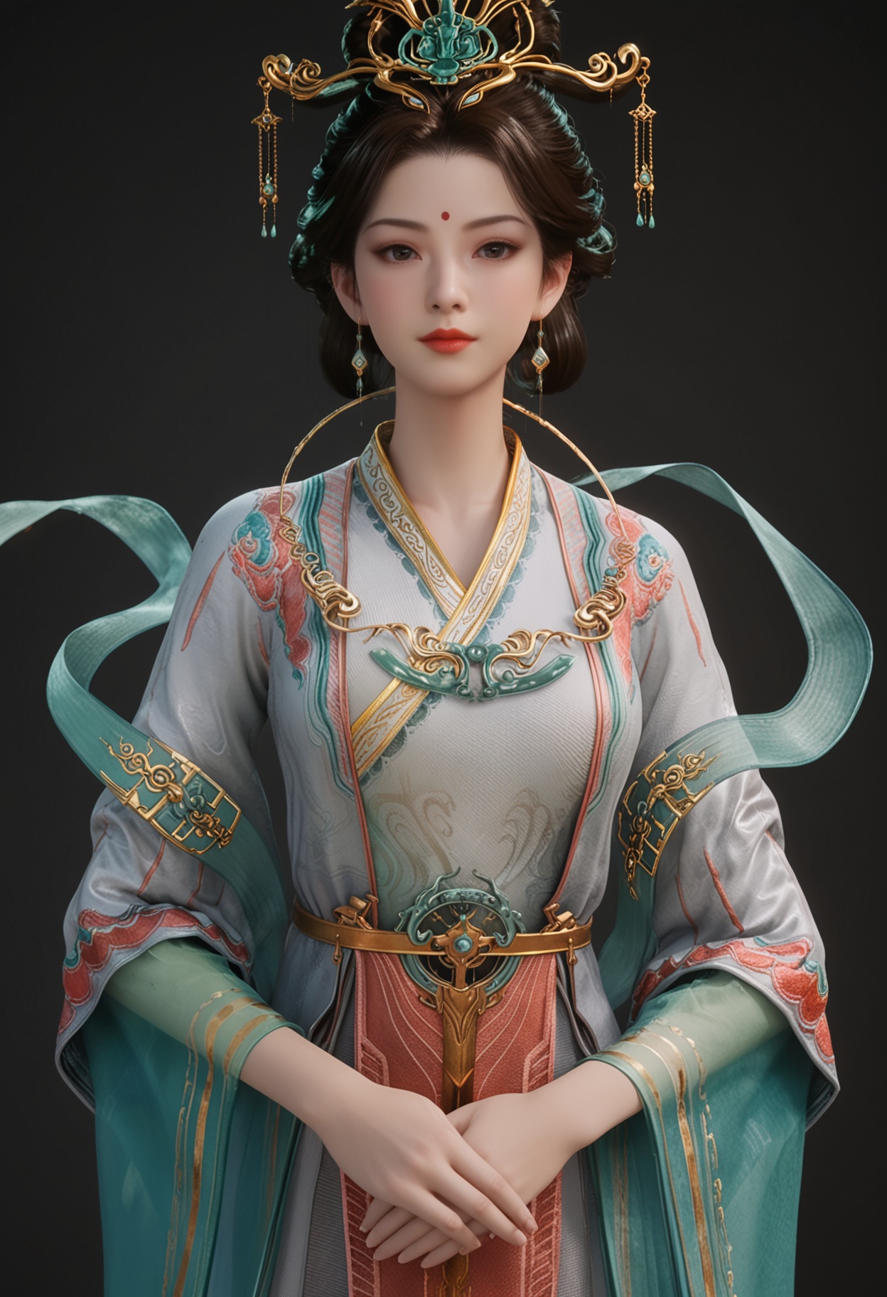 (standing full_body:1.1),score_9,score_8_up,masterpiece,(best quality),intricate details,facing viewer,(looking at viewer:1.1),<lora:YQ_pony_xiwangmu_budaibeishi_V5:0.8>,q1528437228,1girl,solo,jewelry,earrings,hair ornament,black hair,chinese clothes,forehead mark,red lips,long sleeves,makeup,dress,hanfu,hair bun,updo,brown hair,black eyes,wide sleeves,brown eyes,hair stick,shawl,necklace,hair rings,forehead jewel,single hair bun,hagoromo,BREAKscore_9,score_8_up,masterpiece,(best quality),perfect anatomy,(hourglass),perfect face,(simple background,pure black background,black background:1.1),fair_skin,shiny_skin,Ivory_skin,