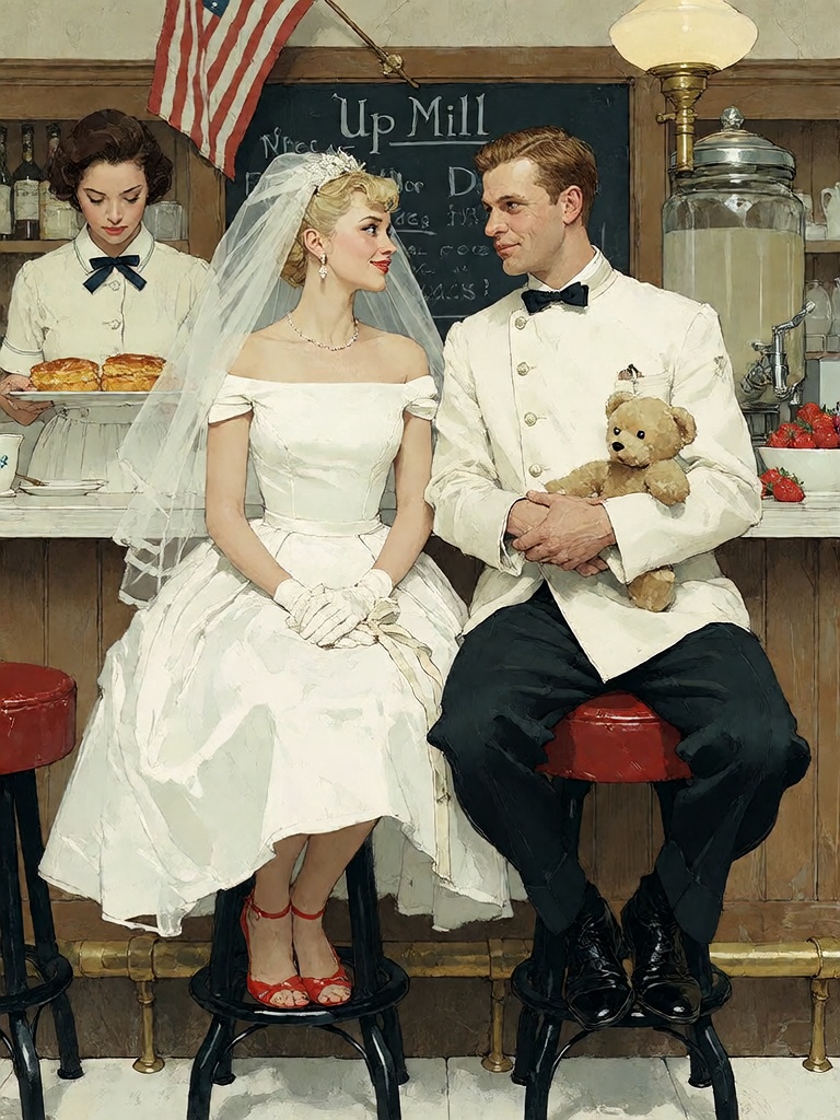 Bradhamel art style.A romantic,  vintage-style painting of a young bride in an off-the-shoulder white 1950s wedding dress...